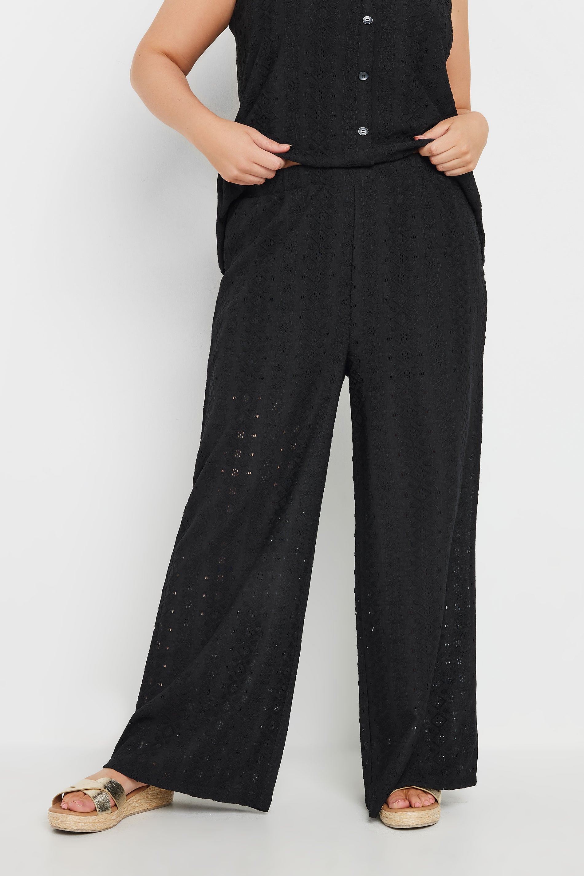 YOURS Plus Size Black Broderie Anglaise Wide Leg Trousers | Yours Clothing 3