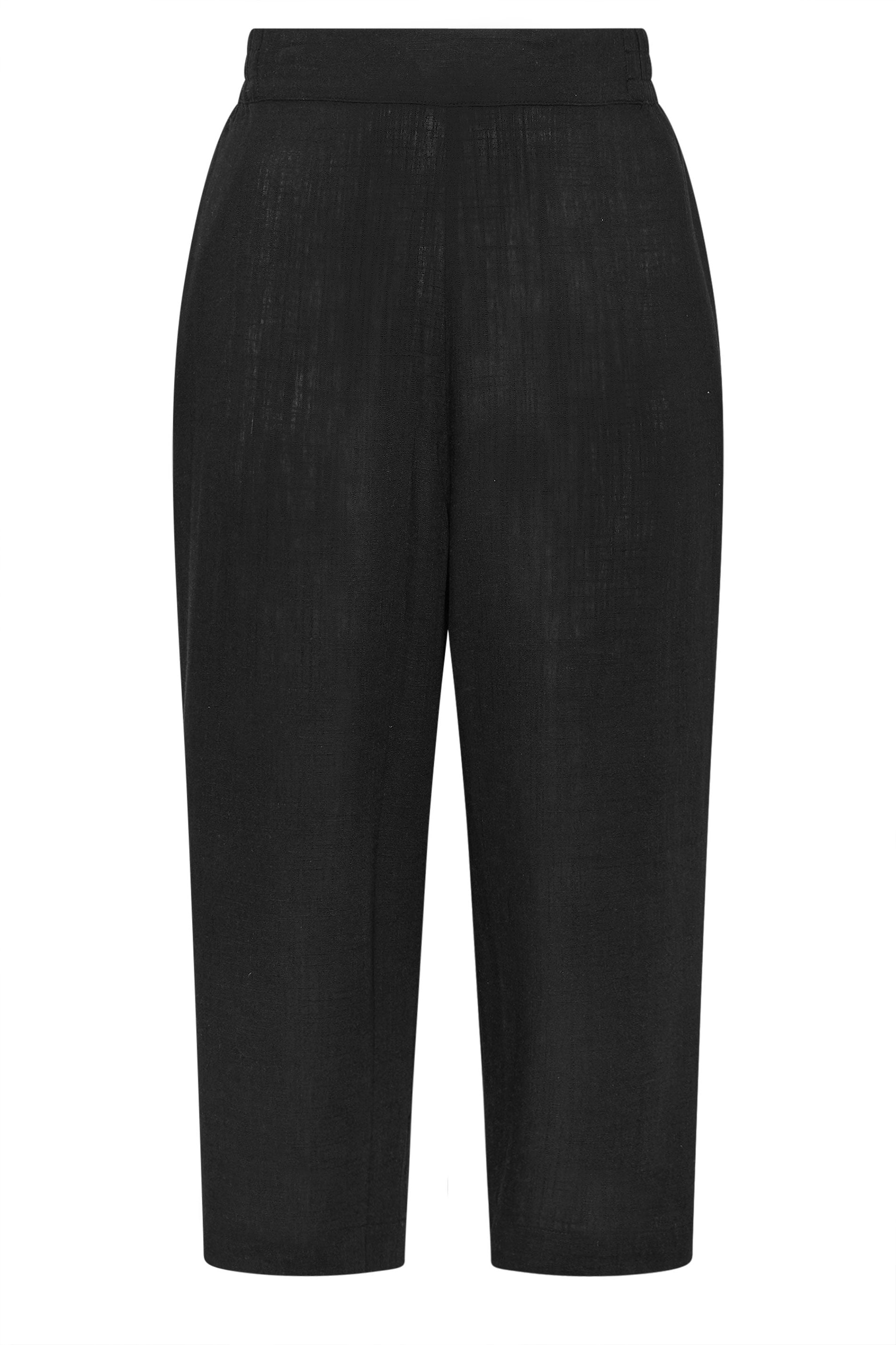 YOURS Plus Size Black Linen Cropped Wide Leg Trousers | Yours Clothing 5