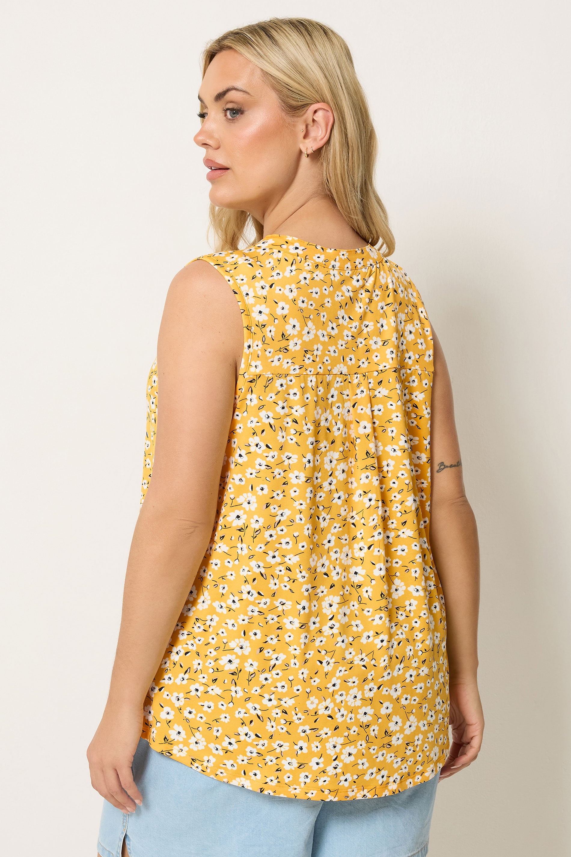 YOURS Plus Size Yellow Floral Notch Neck Vest Top | Yours Clothing 2