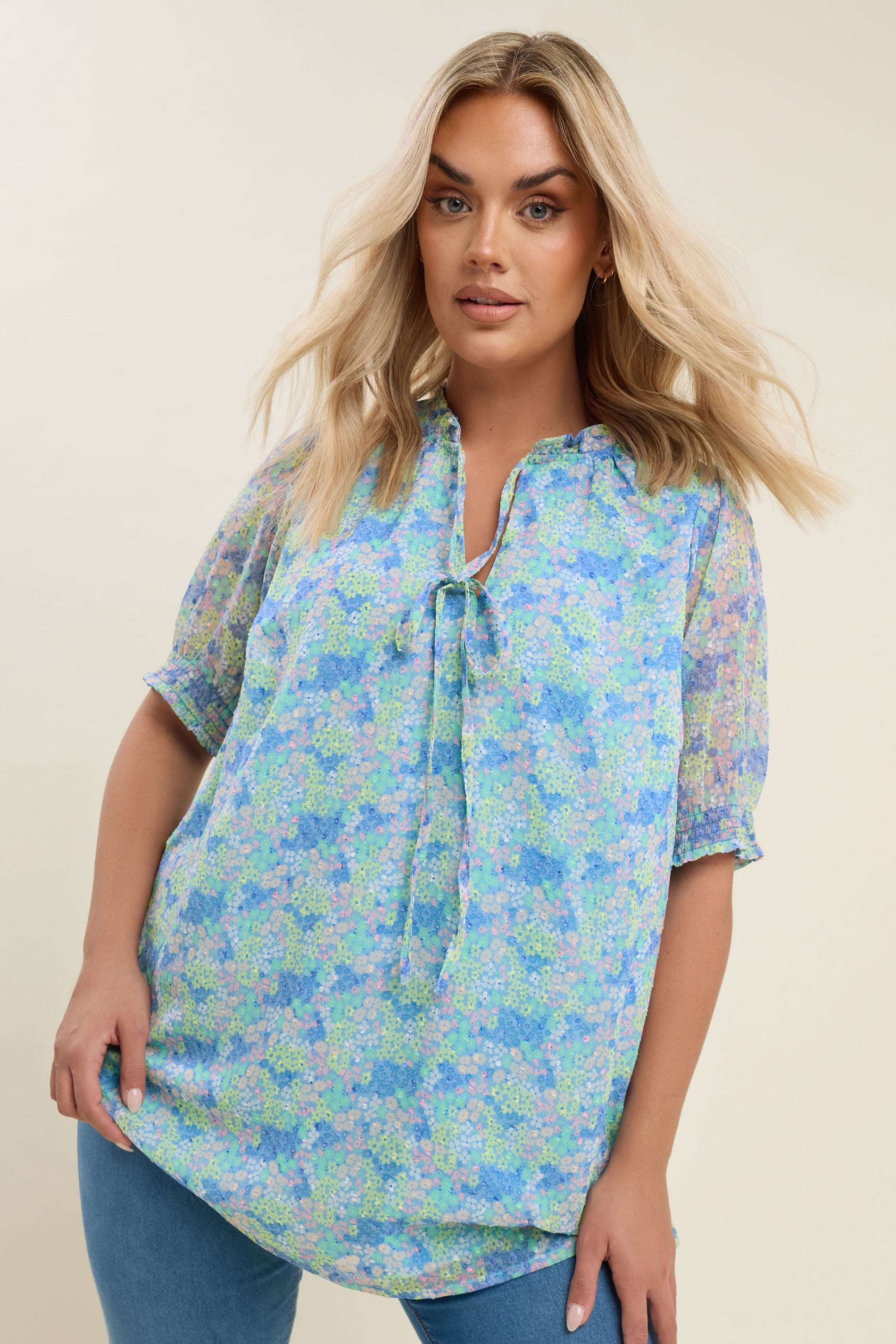 YOURS Plus Size Blue Ditsy Floral Print Tie Front Blouse | Yours Clothing 3