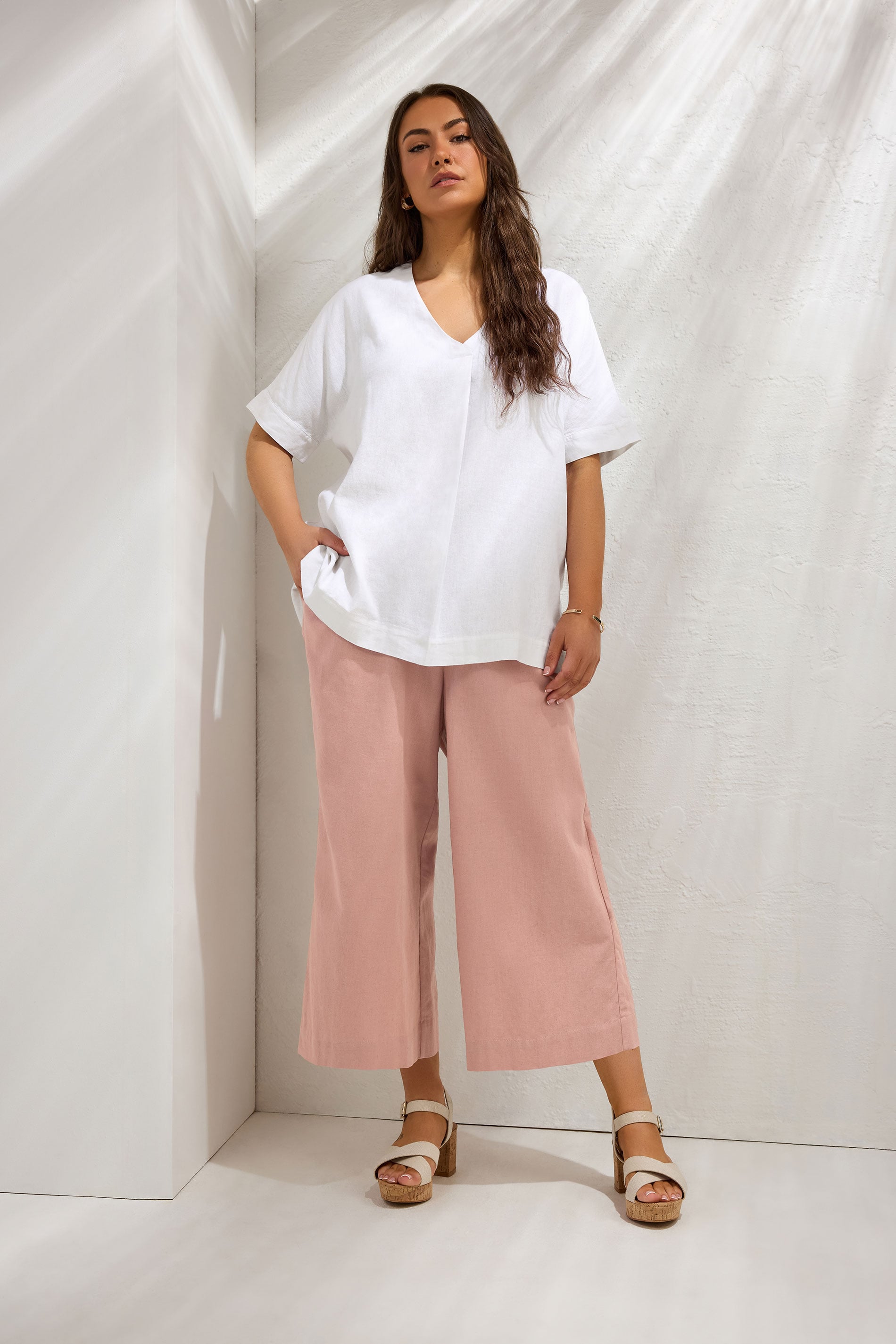 Evans Women's Pink Plus Linen Cropped Trousers Size 18