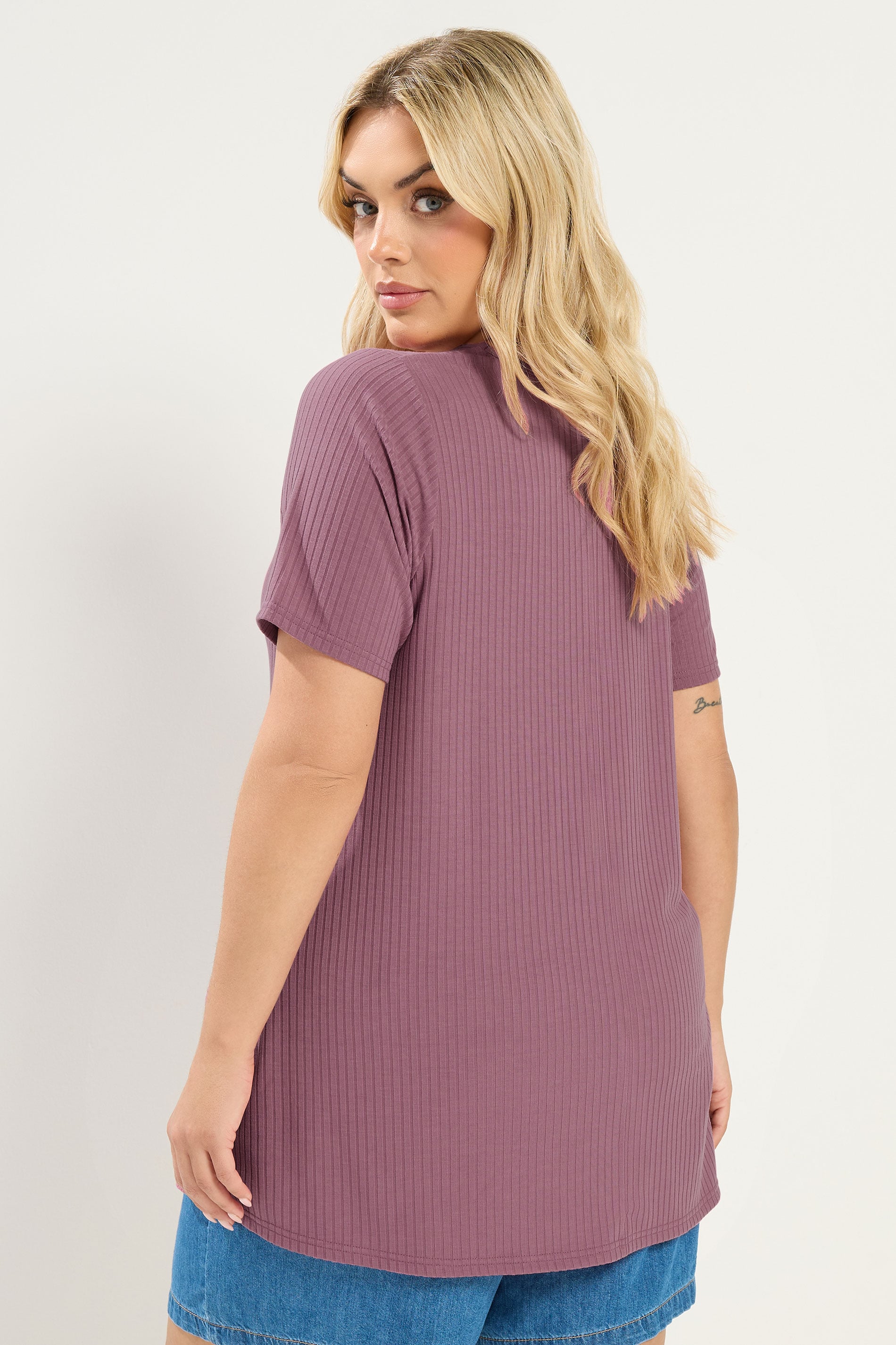 YOURS Plus Size Pink Button Front Ribbed Swing Top | Yours Clothing 2