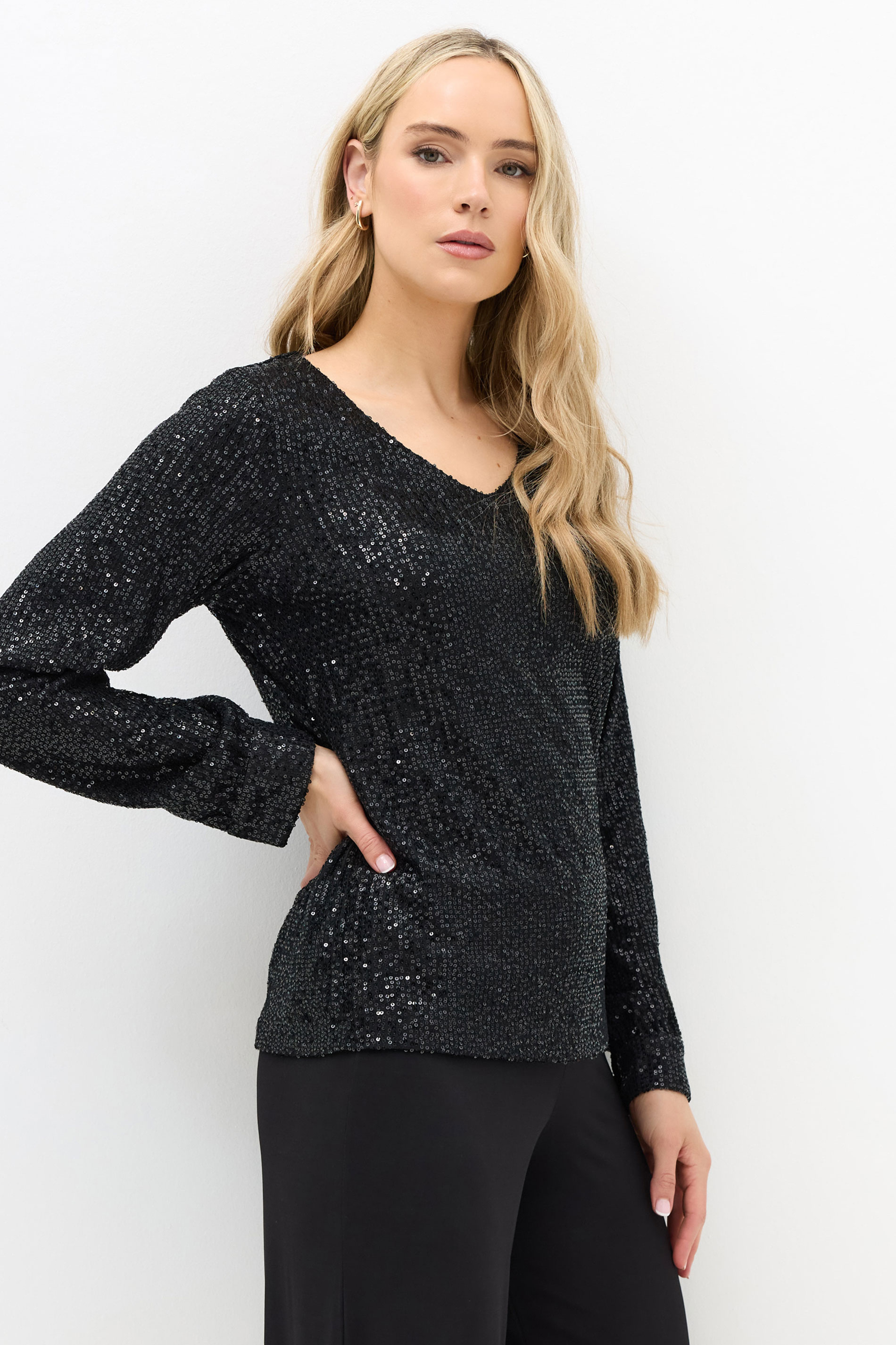 LTS Tall Women's Black Sequin V-Neck Top | Long Tall Sally 1