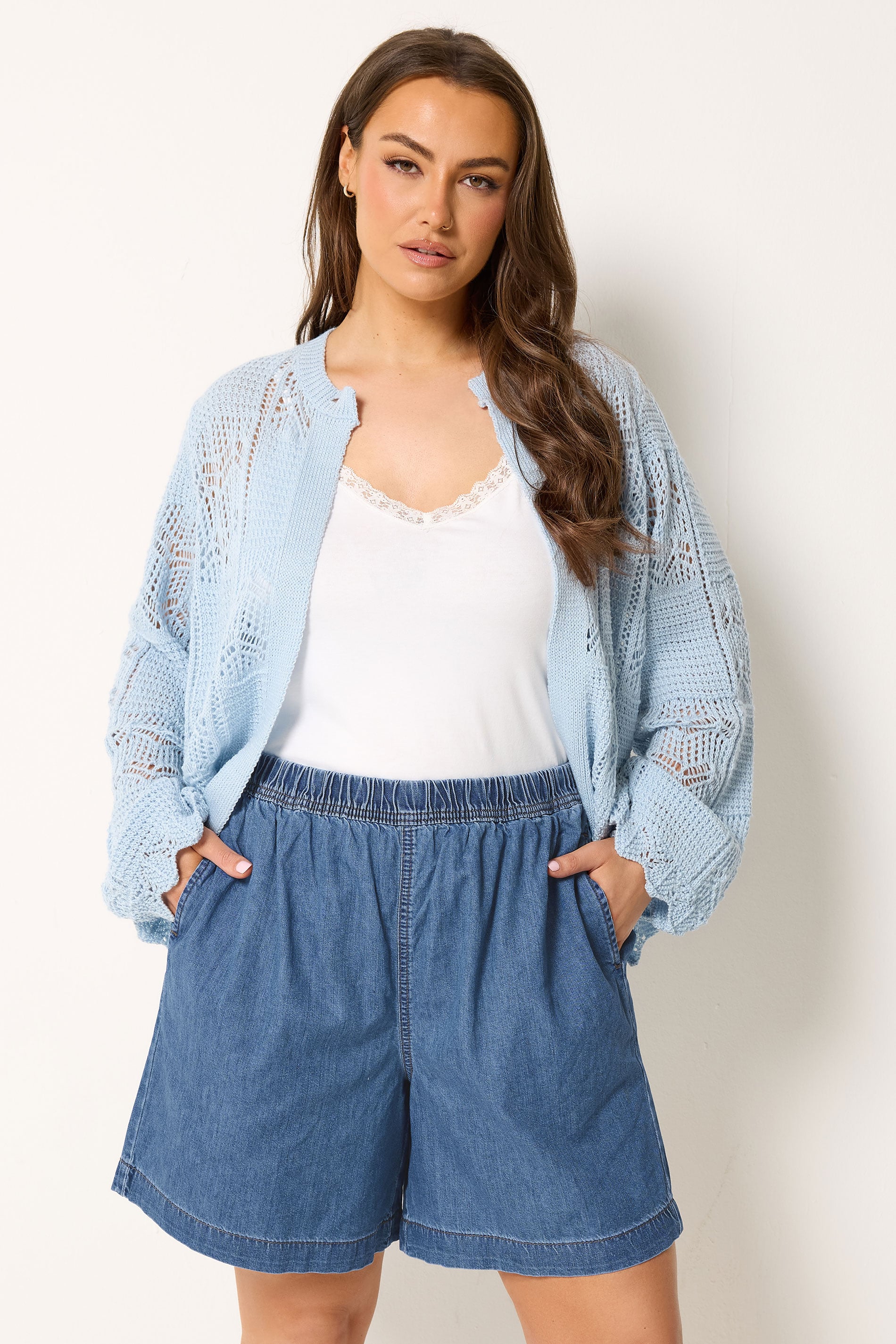 YOURS Plus Size Mid Blue Elasticated Denim Shorts | Yours Clothing 3
