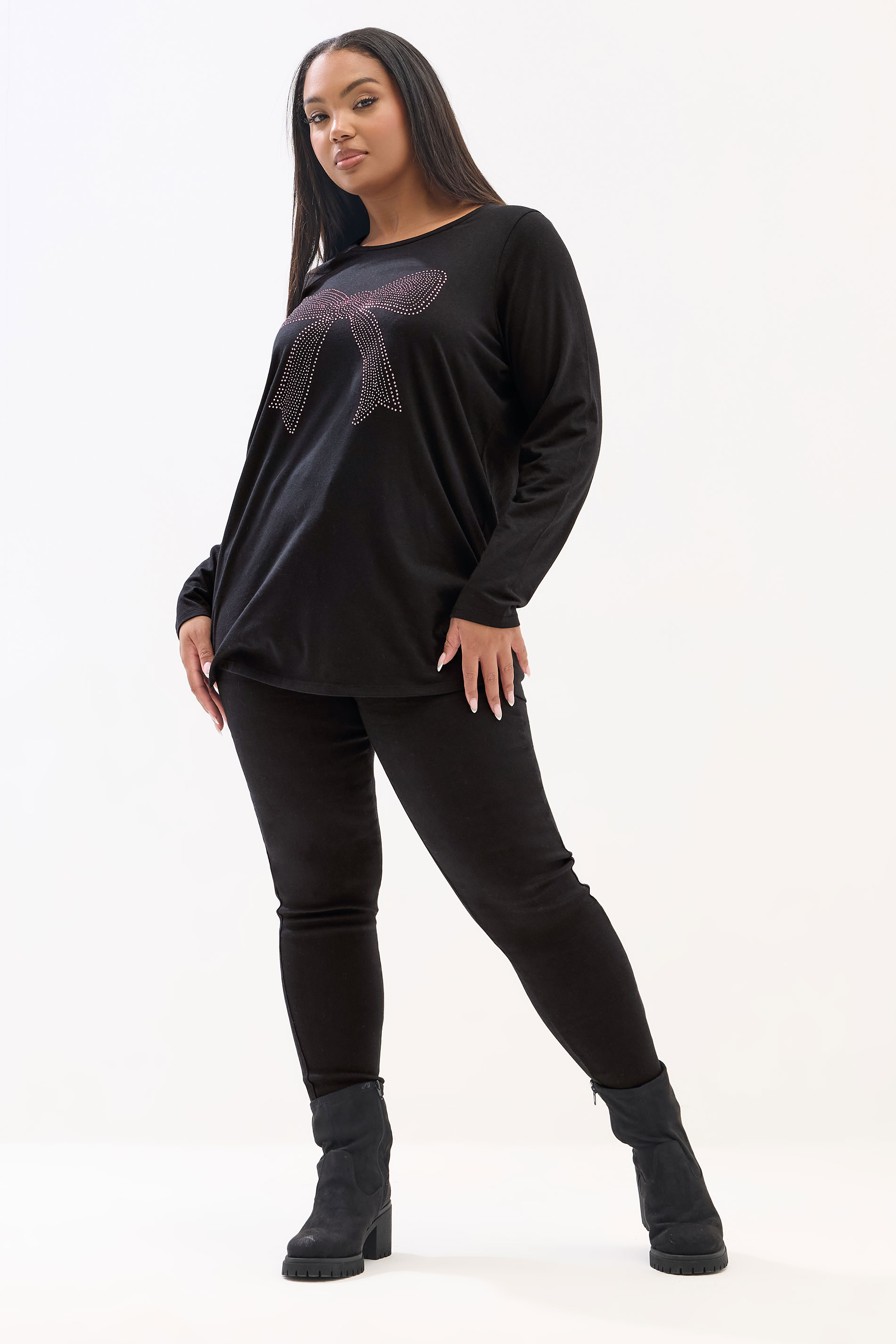 YOURS Plus Size Black Diamante Bow Long Sleeve Top | Yours Clothing 1
