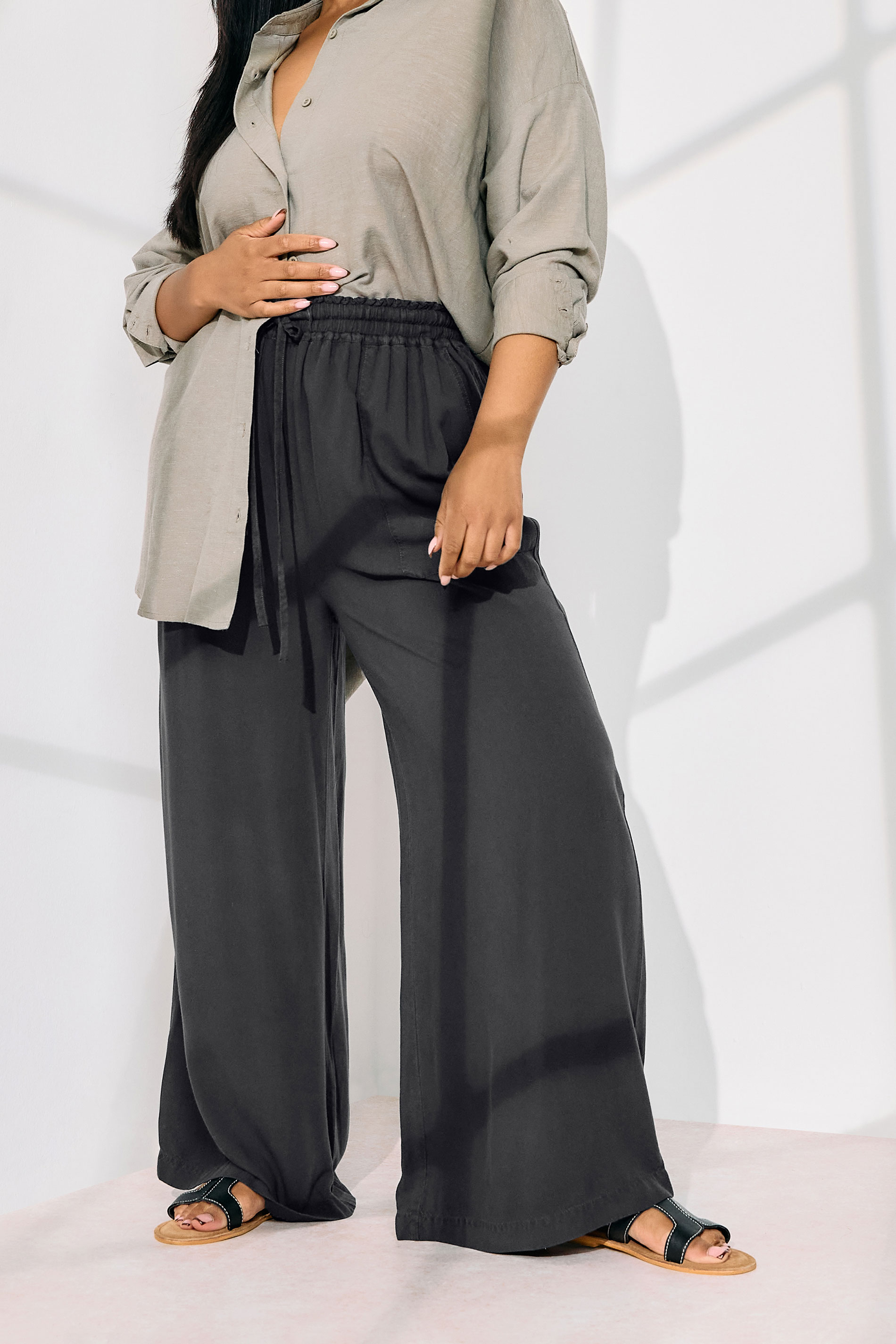 YOURS Plus Size Black Chambray Tie Front Wide Leg Trousers | Yours Clothing 1