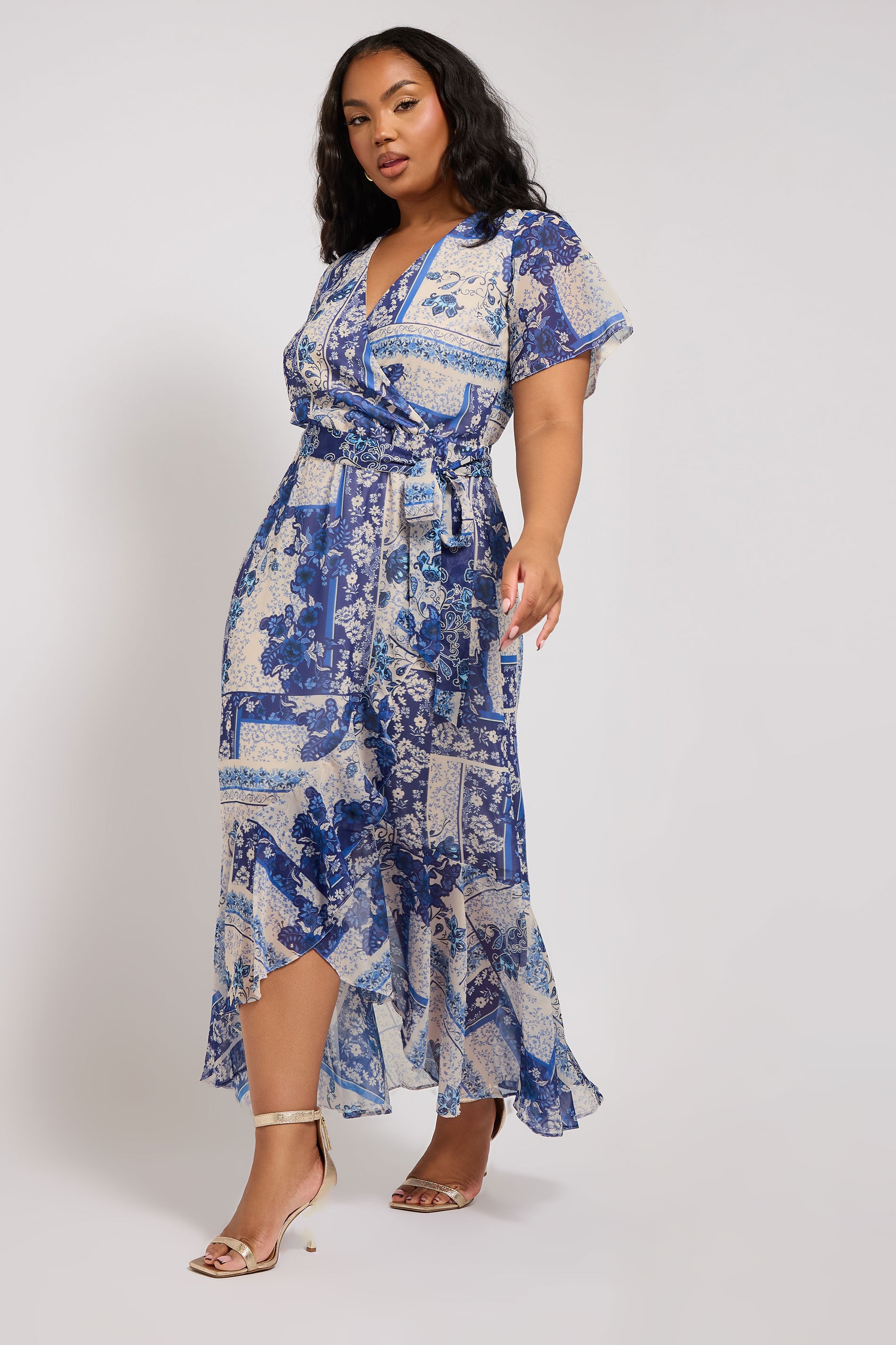 YOURS LONDON Plus Size Blue Scarf Print Ruffle Wrap Dress | Yours Clothing 1