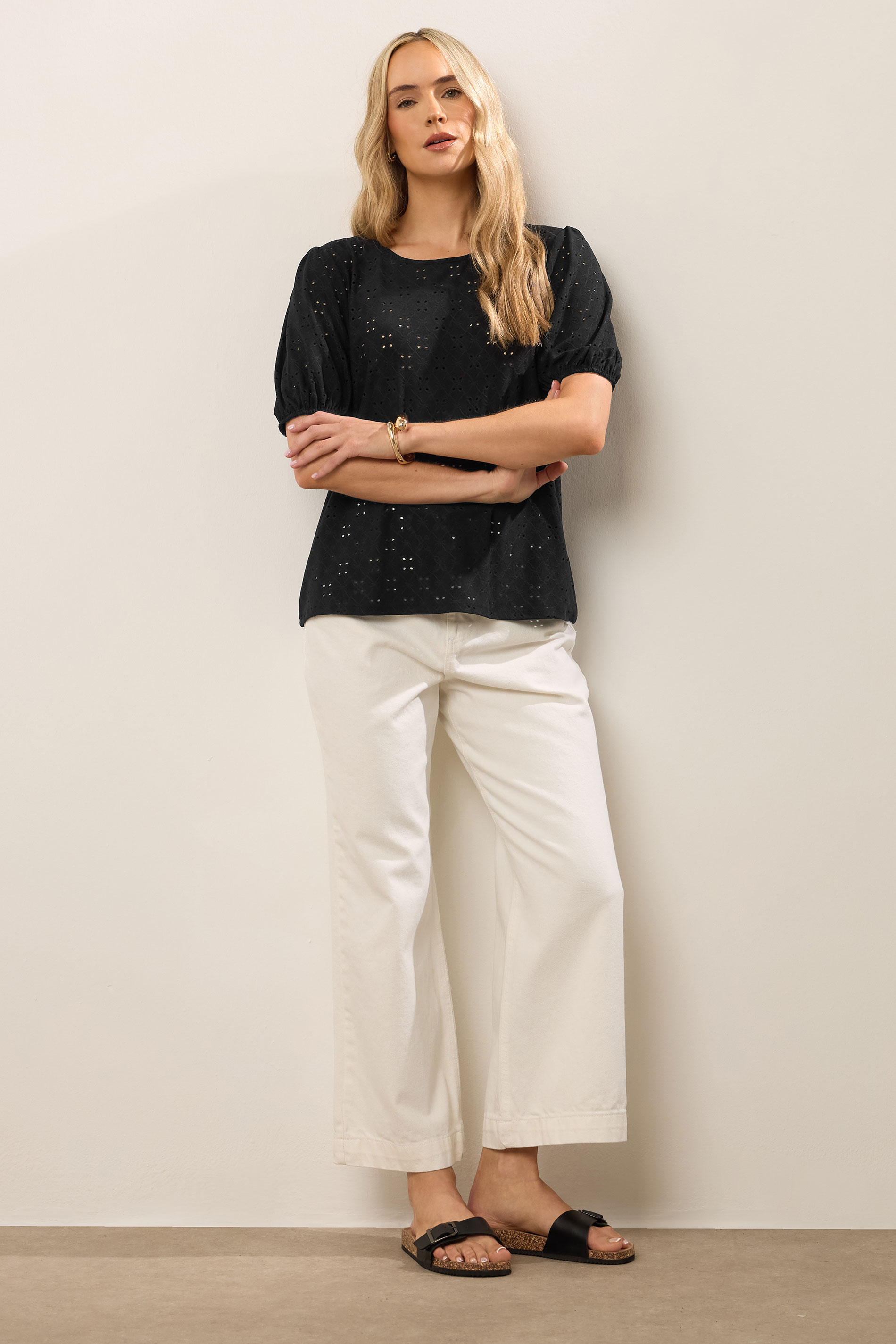 LTS Tall Black Broderie Puff Sleeve Top | Long Tall Sally 1