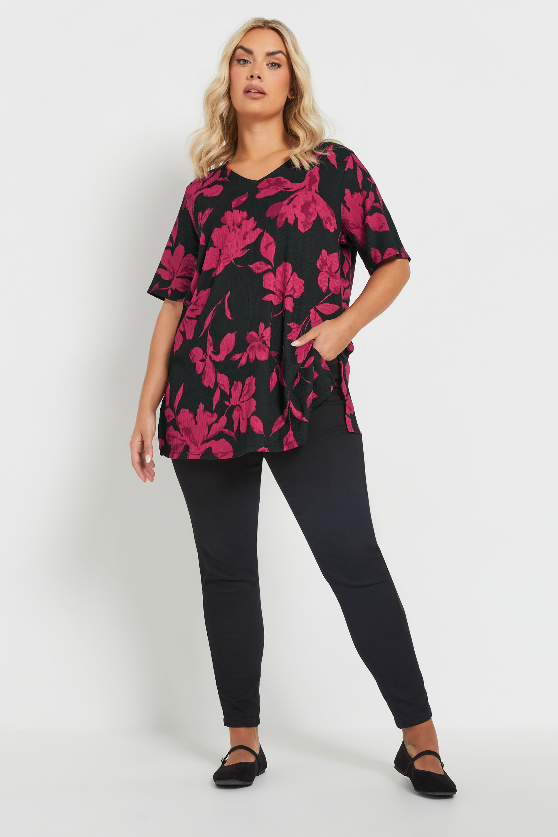 YOURS Plus Size Black Floral Print Textured Top | Yours Clothing 1