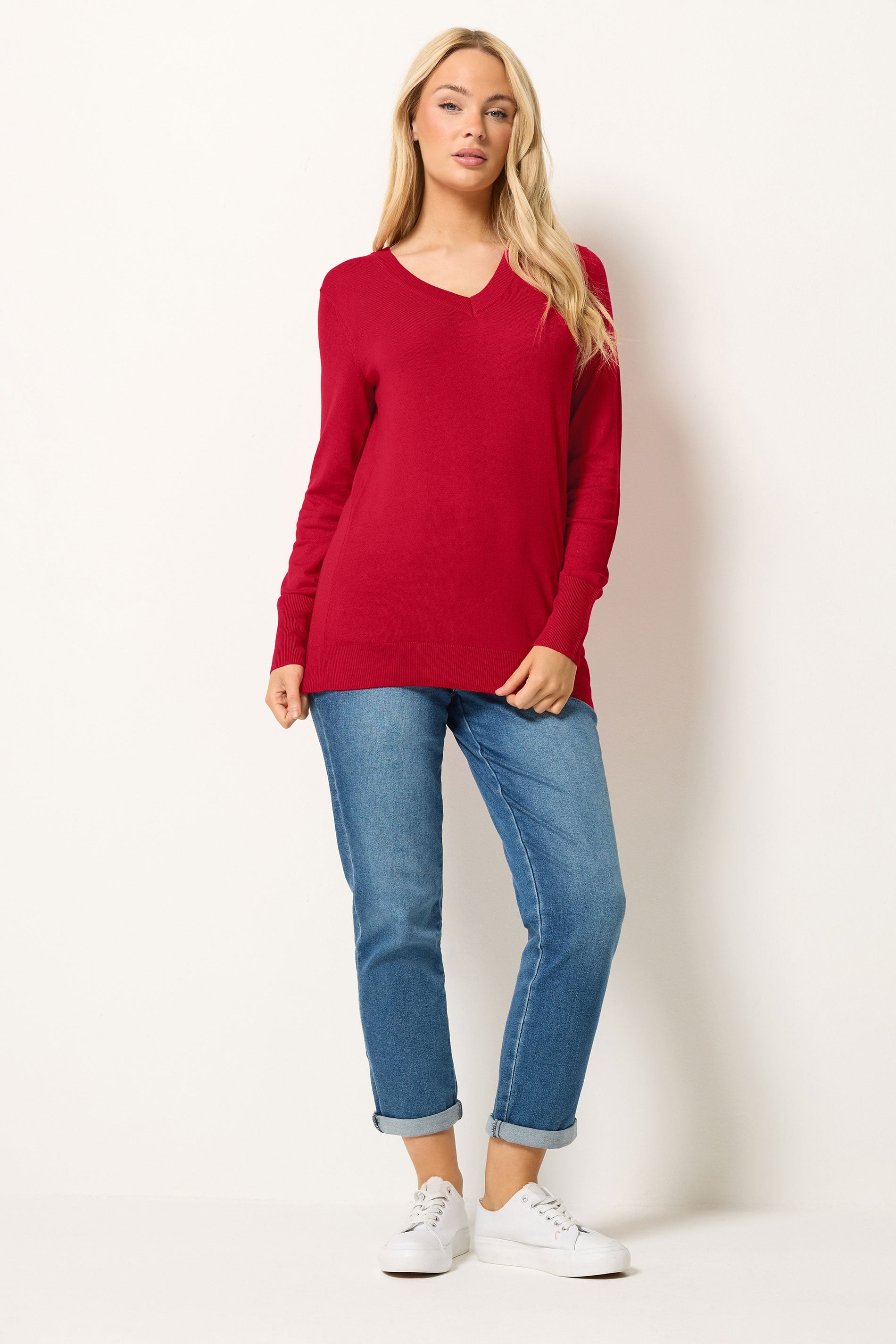 M&Co Red Long Sleeve V-Neck Jumper | M&Co 1
