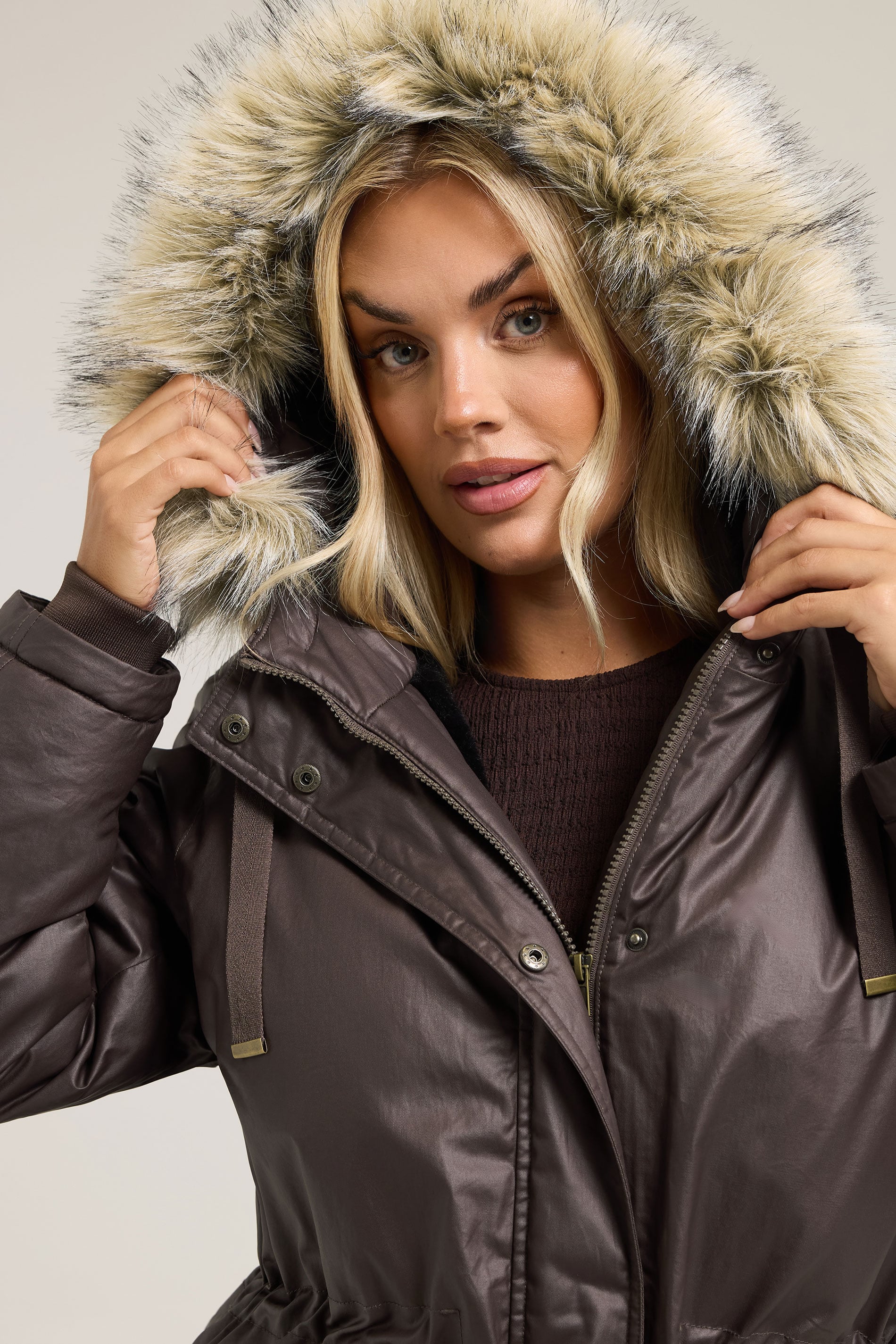 YOURS Plus Size Brown Waxed Faux Fur Trim Parka Coat | Yours Clothing 4