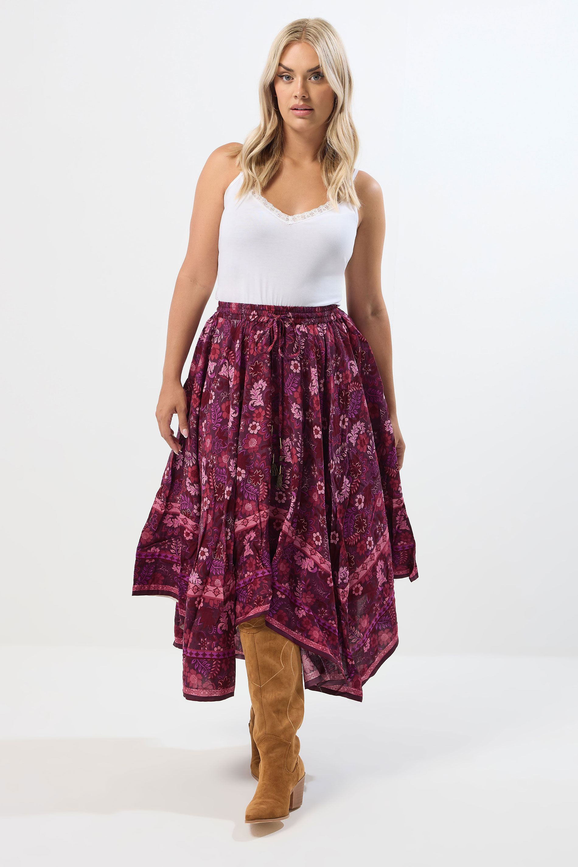 YOURS Plus Size Red Floral Print Hanky Hem Skirt | Yours Clothing 2
