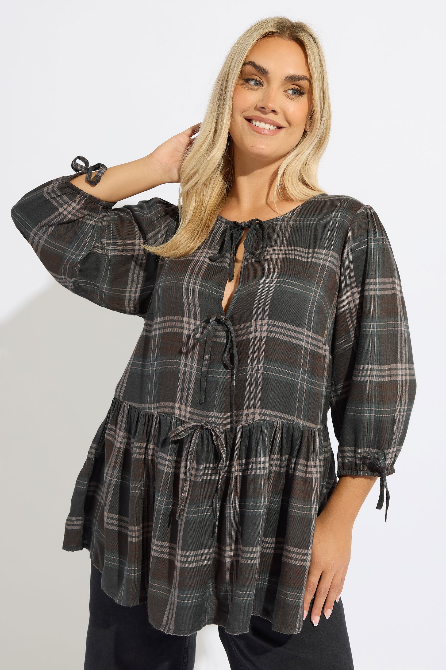 YOURS Plus Size Brown Check Tie Front Peplum Top | Yours Clothing 3