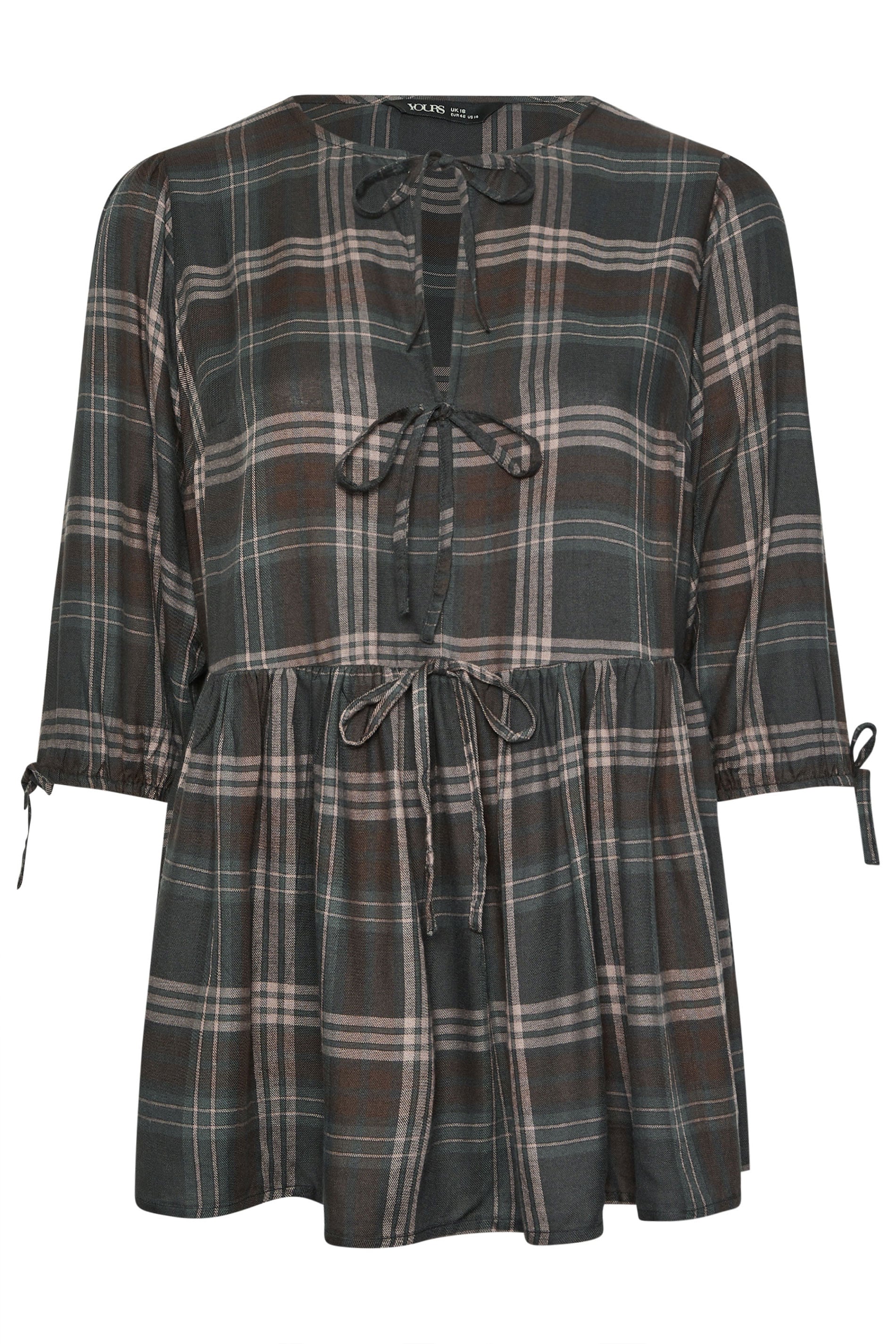 YOURS Plus Size Brown Check Tie Front Peplum Top | Yours Clothing 5