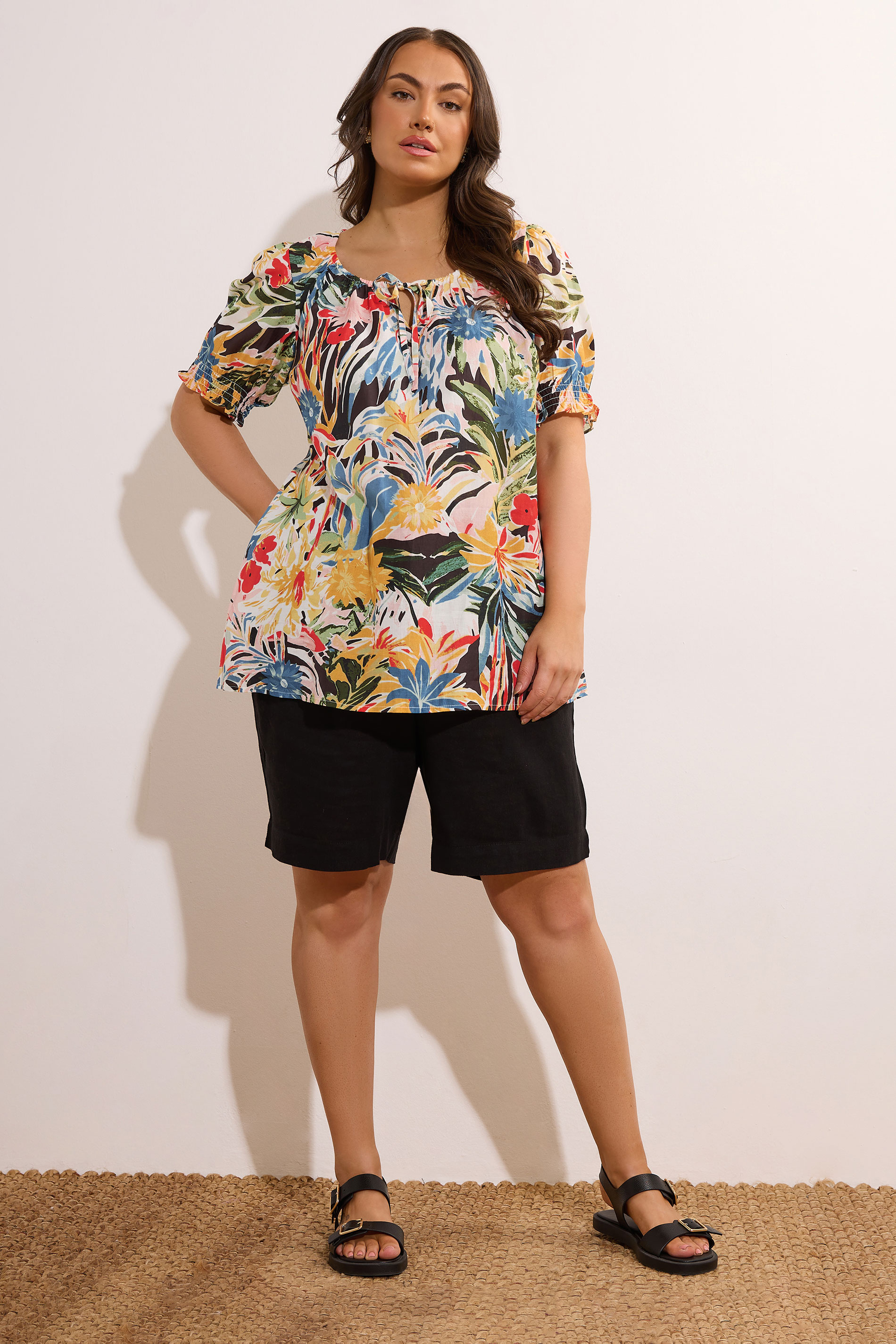 EVANS Plus Size Blue & Yellow Floral Print Tie Neck Top | Yours Clothing 2