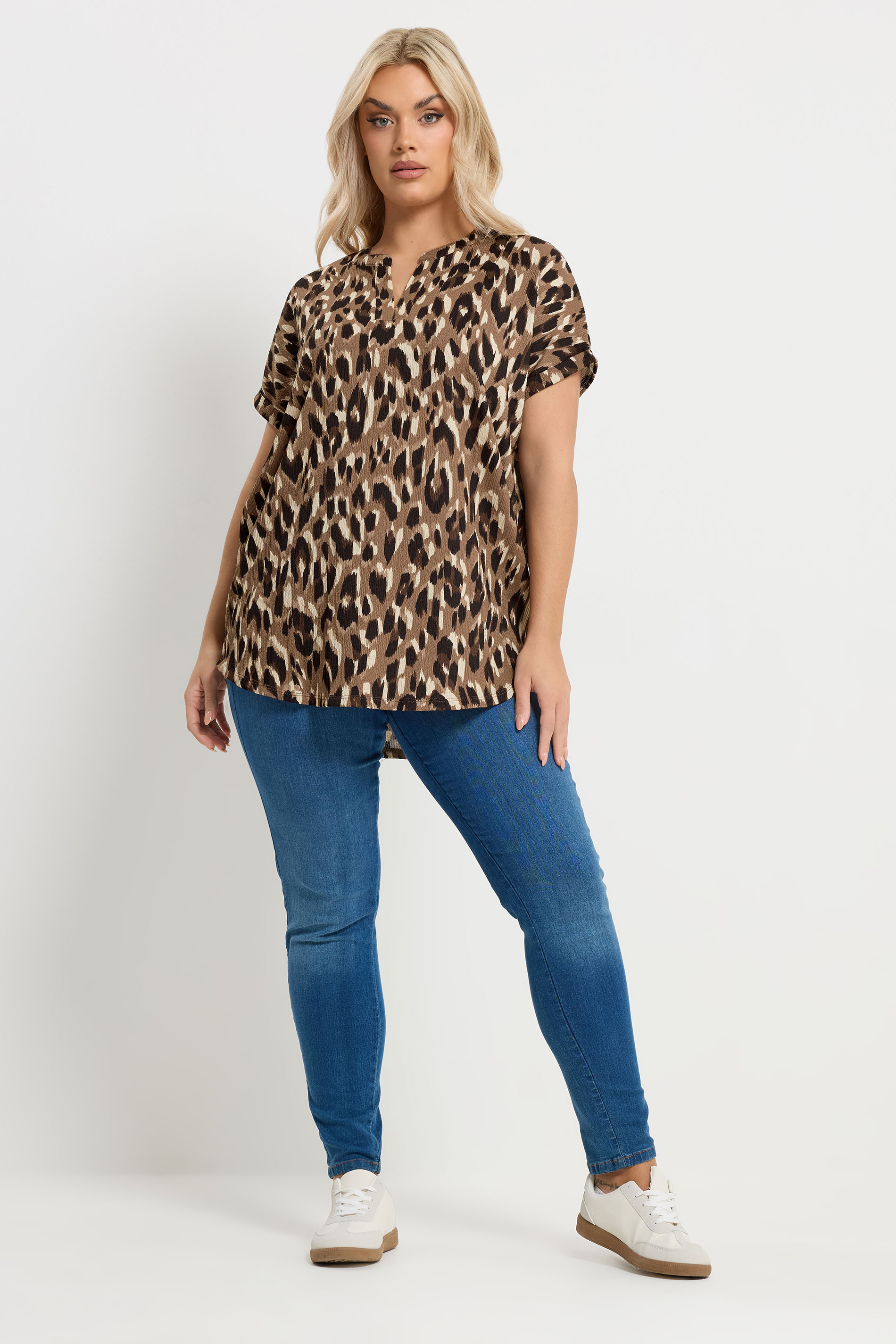YOURS Plus Size Brown Textured Leopard Print Notch Neck Top | Yours Clothing 1