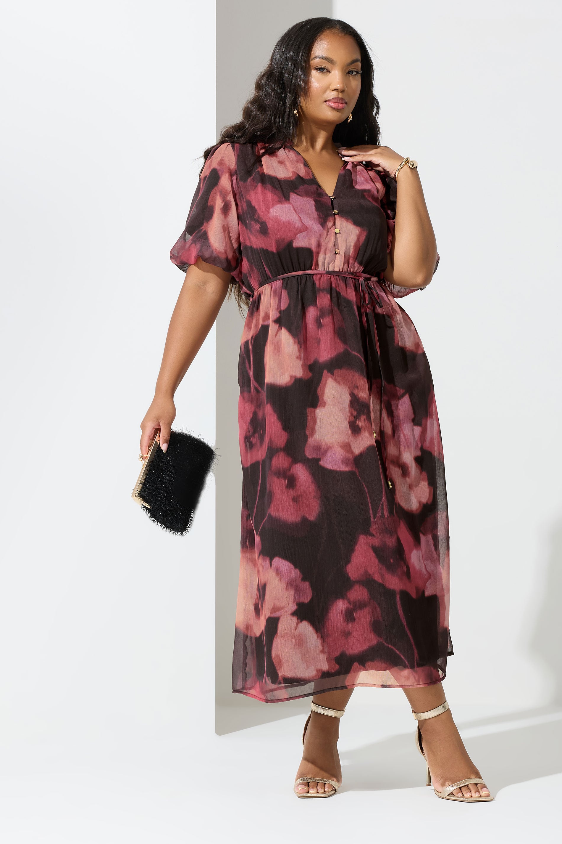YOURS LONDON Plus Size Pink Blurred Floral Puff Sleeve Shirt Dress | Yours Clothing 1