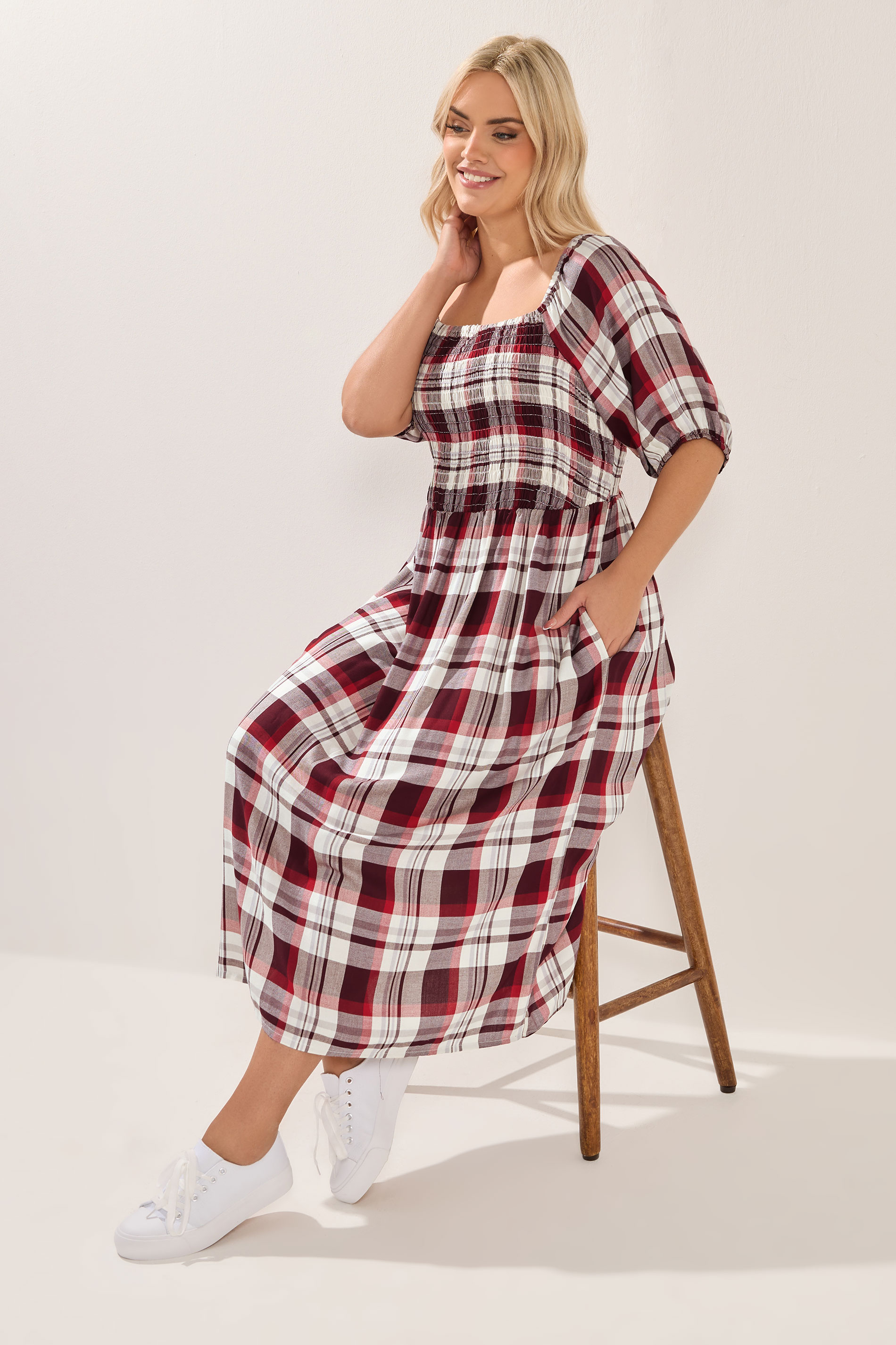 YOURS Plus Size Red Check Shirred Maxi Dress | Yours Clothing 1