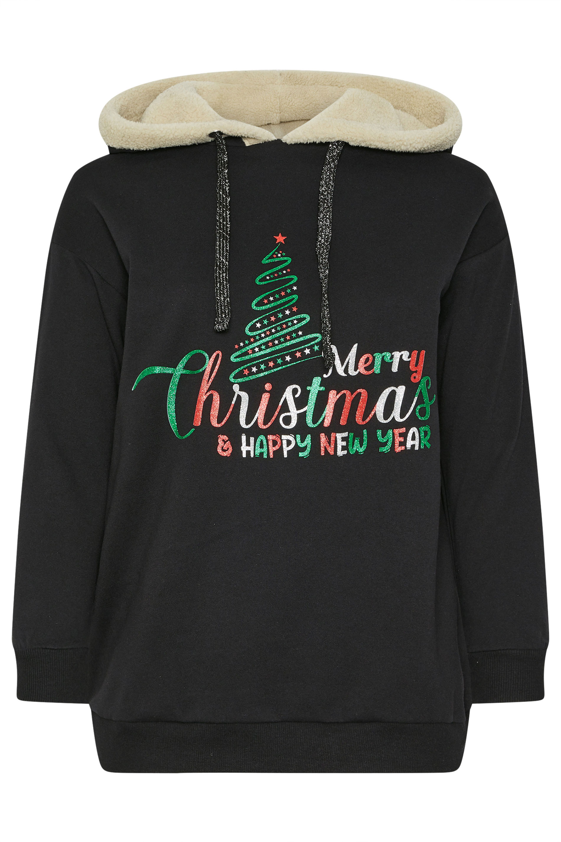 YOURS Plus Size Black 'Merry Christmas' Glitter Tree Novelty Hoodie | Yours Clothing 6