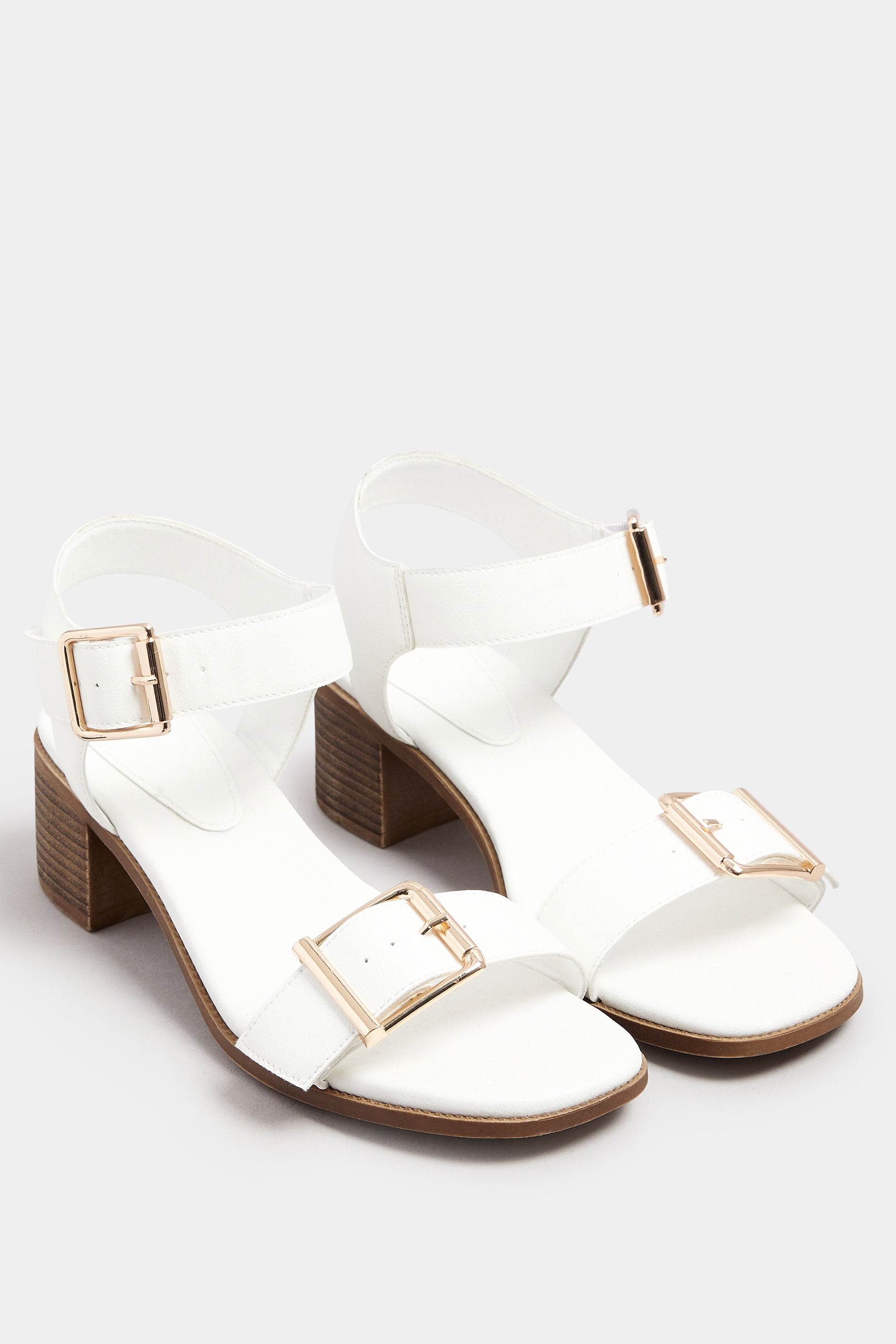 White Faux Leather Buckle Block Heel Sandals In Wide E Fit & Extra Wide EEE Fit | Yours Clothing 1