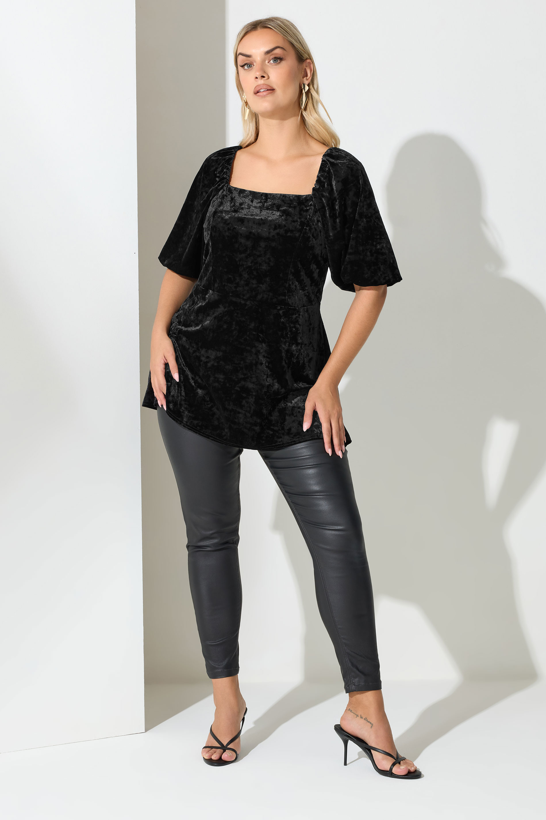 YOURS LONDON Plus Size Black Velvet Square Neck Top | Yours Clothing 1