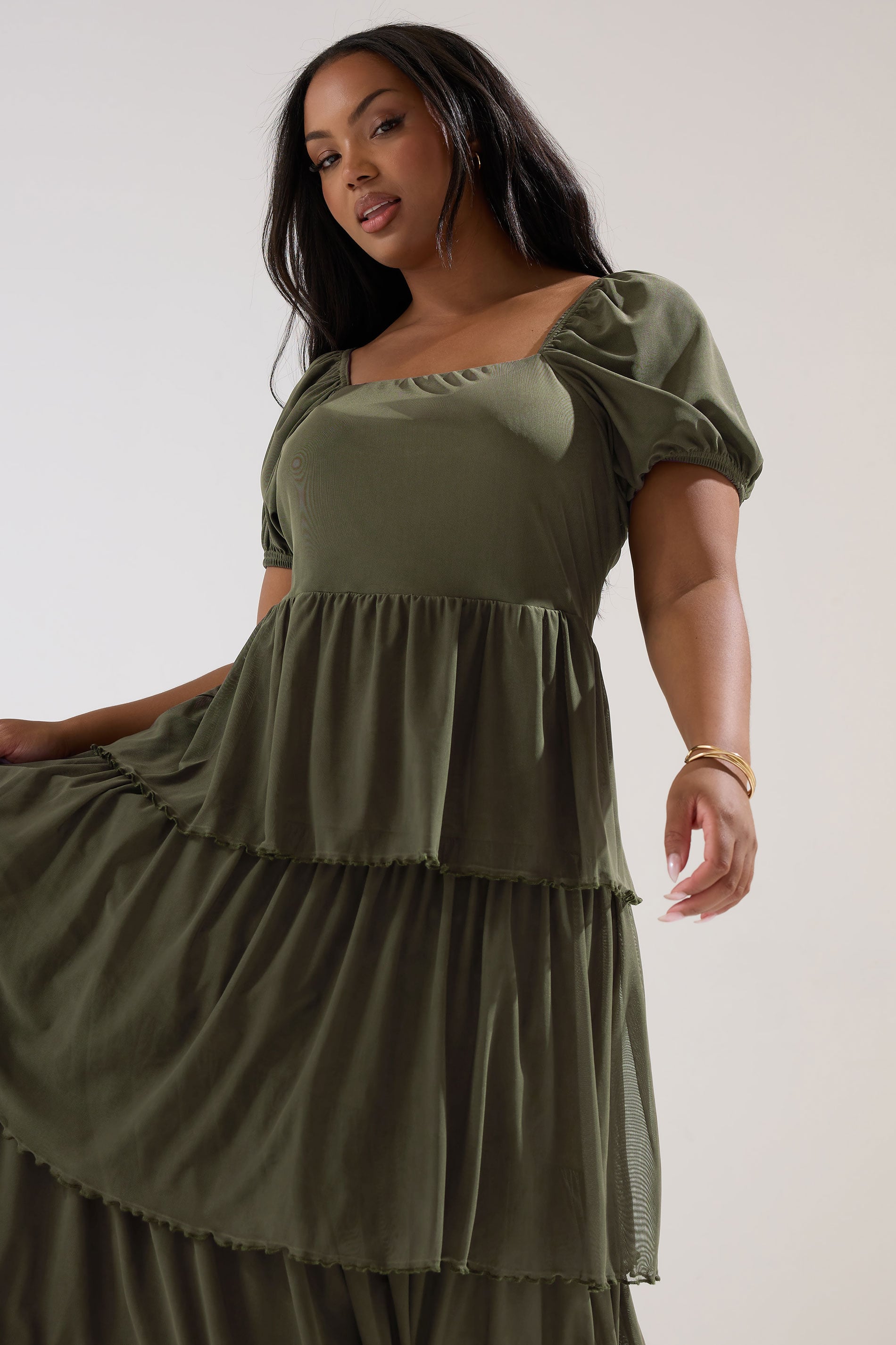 YOURS Plus Size Khaki Green Tiered Maxi Dress | Yours Clothing 1
