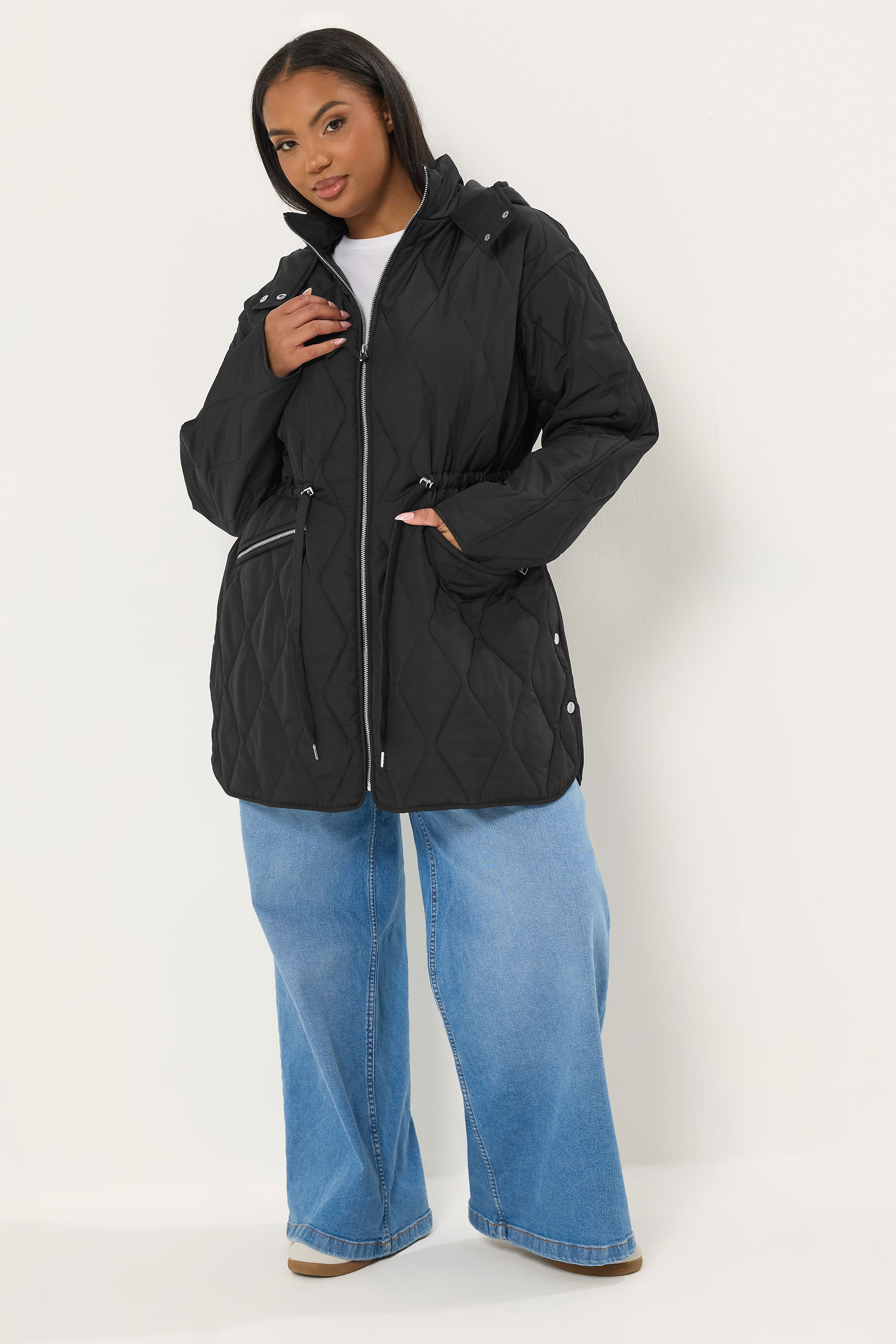 YOURS Plus Size Black Quilted Hooded Midi Coat | Yours Clothing 1