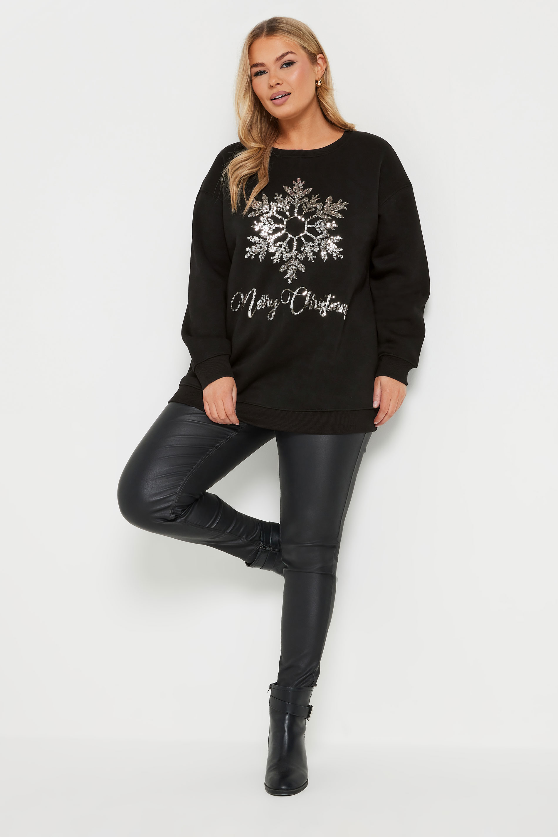 YOURS Plus Size Black Sequin Embellished 'Merry Christmas' Sweatshirt | Yours Clothing 1