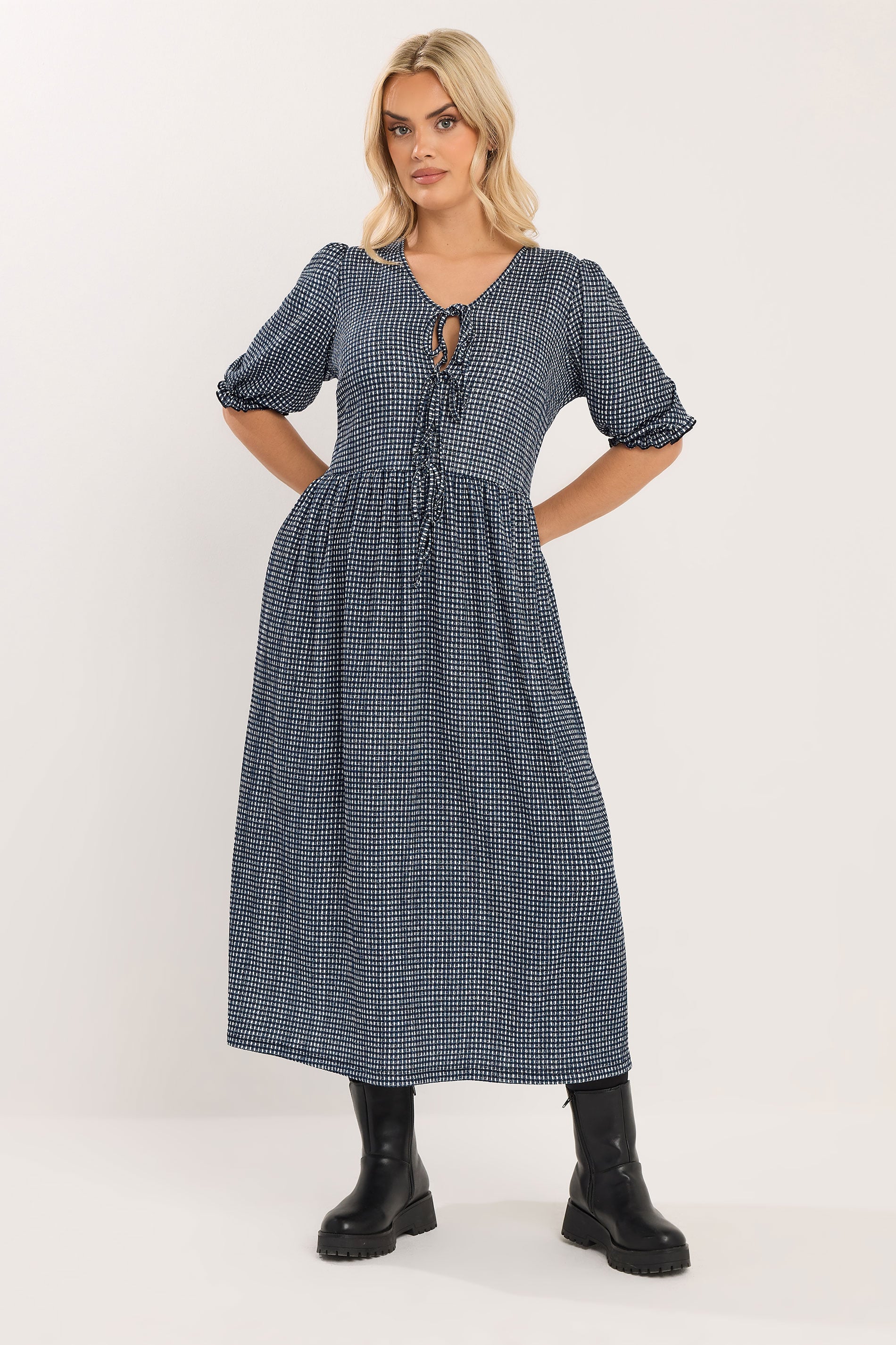YOURS Plus Size Black Gingham Bow Tie Front Maxi Dress | Yours Clothing 1