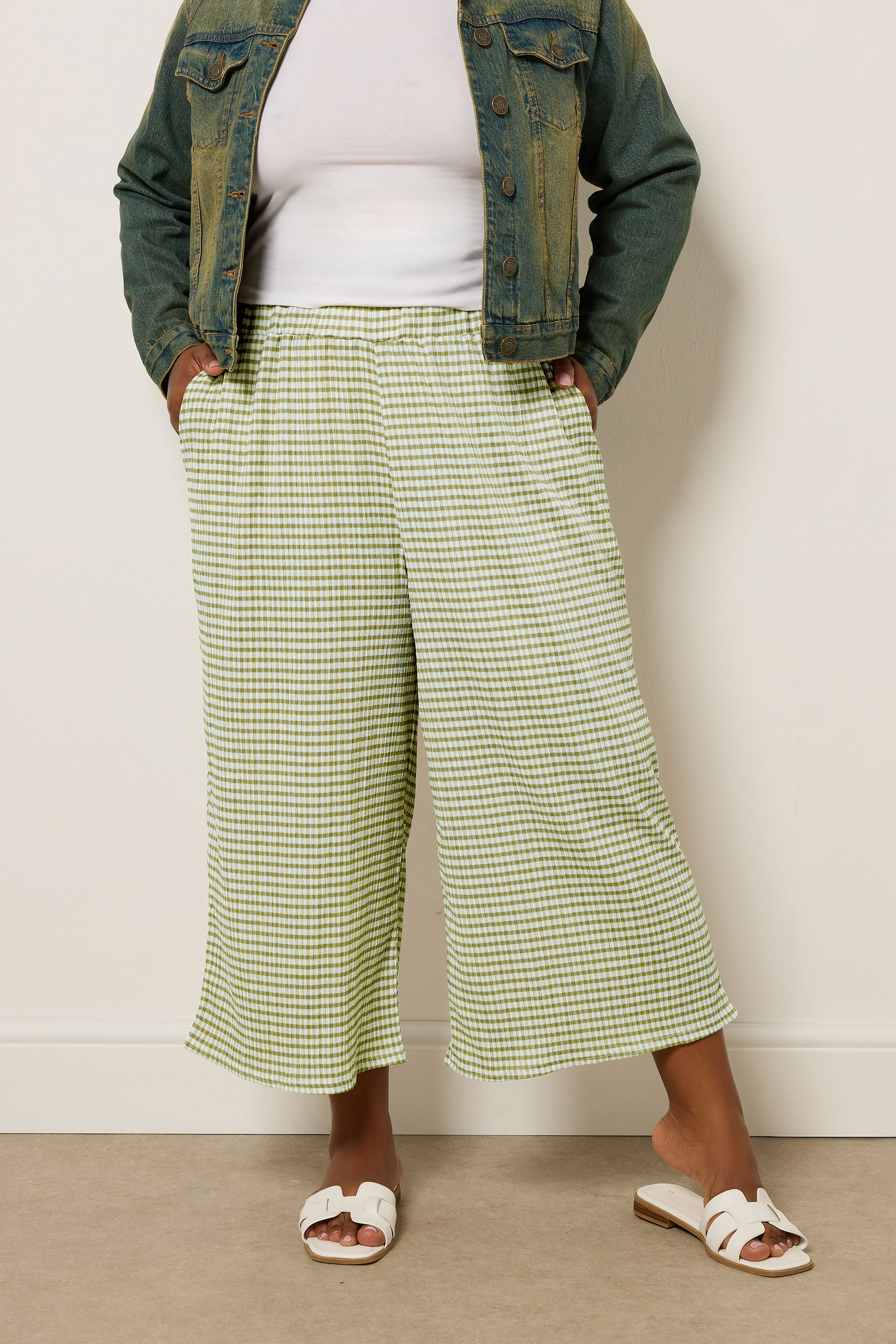 YOURS Plus Size Green Gingham Textured Midaxi Culottes | Yours Clothing 3