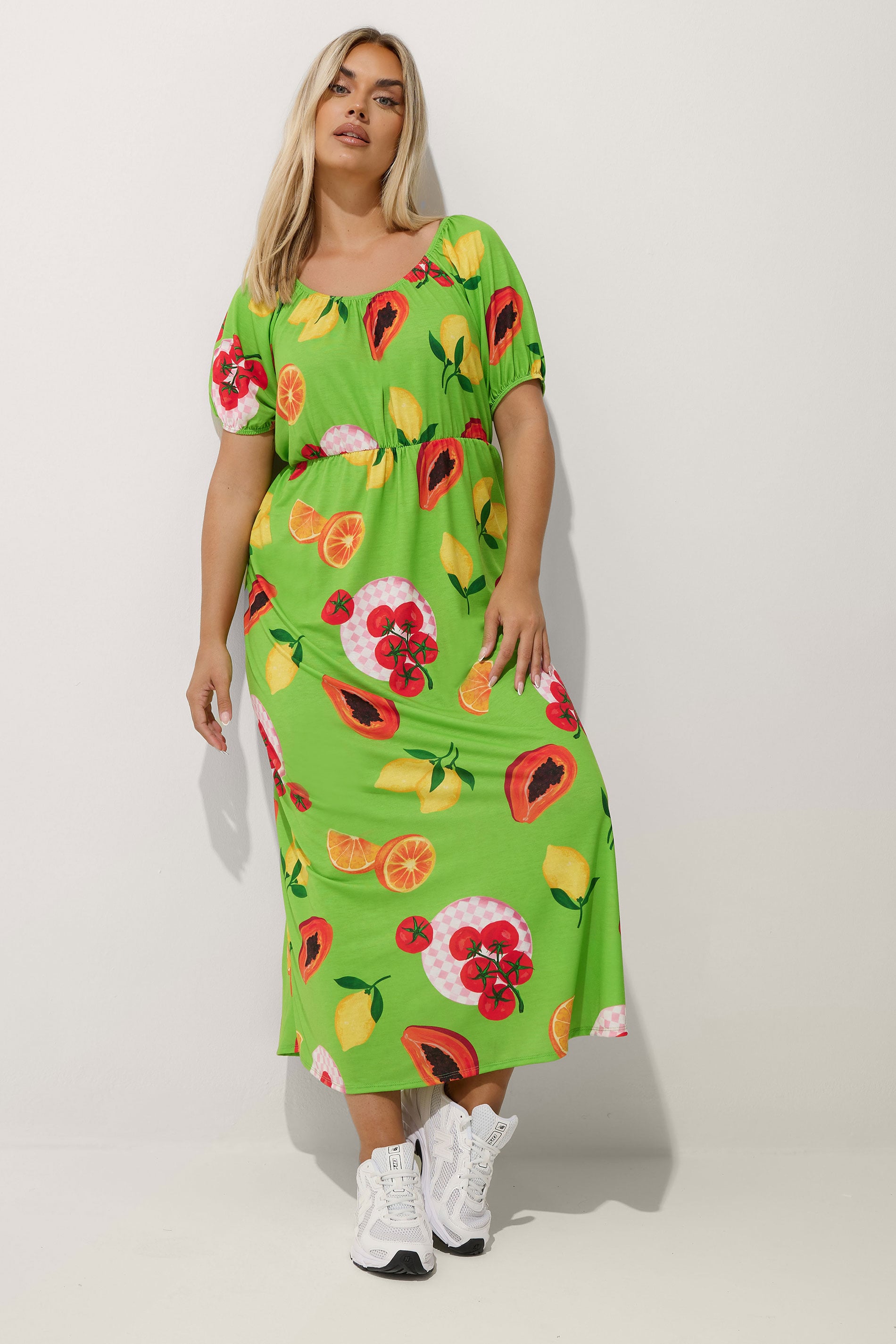 LIMITED COLLECTION Plus Size Green Fruit Print Bardot Dress | Yours Clothing 3
