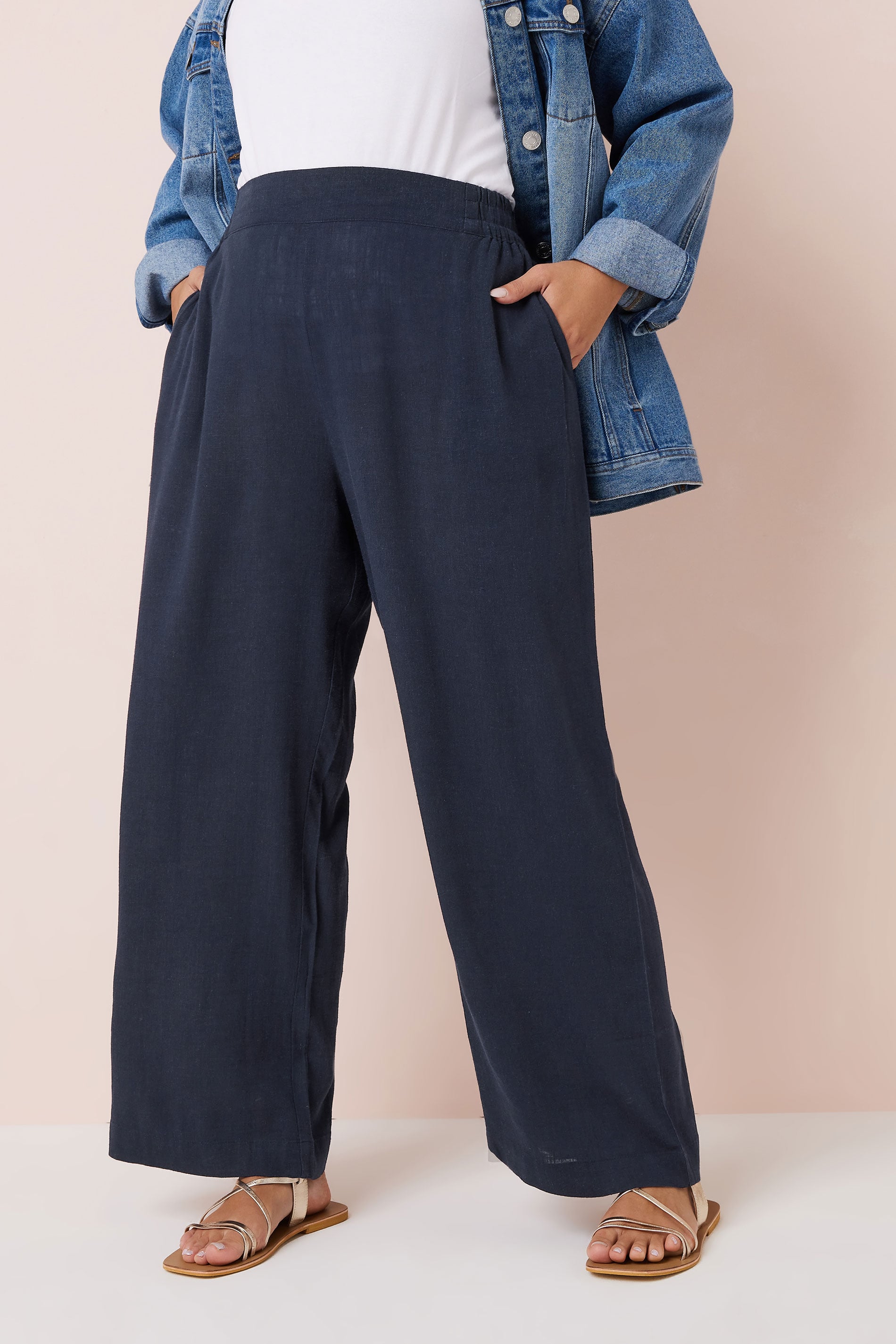 YOURS Plus Size Navy Blue Linen Wide Leg Trousers | Yours Clothing 3