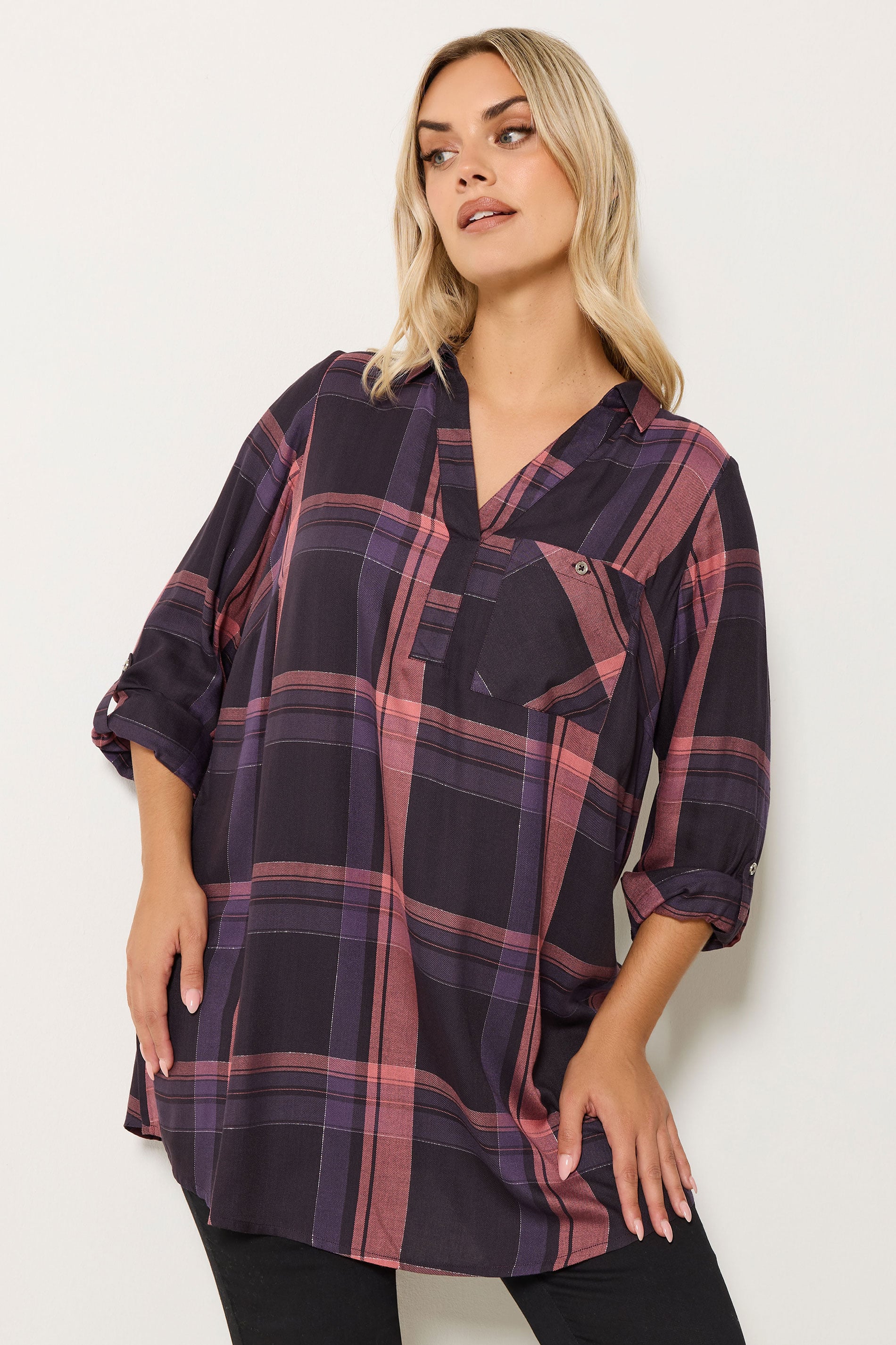 YOURS Plus Size Navy Blue & Pink Check Overhead Shirt | Yours Clothing 3