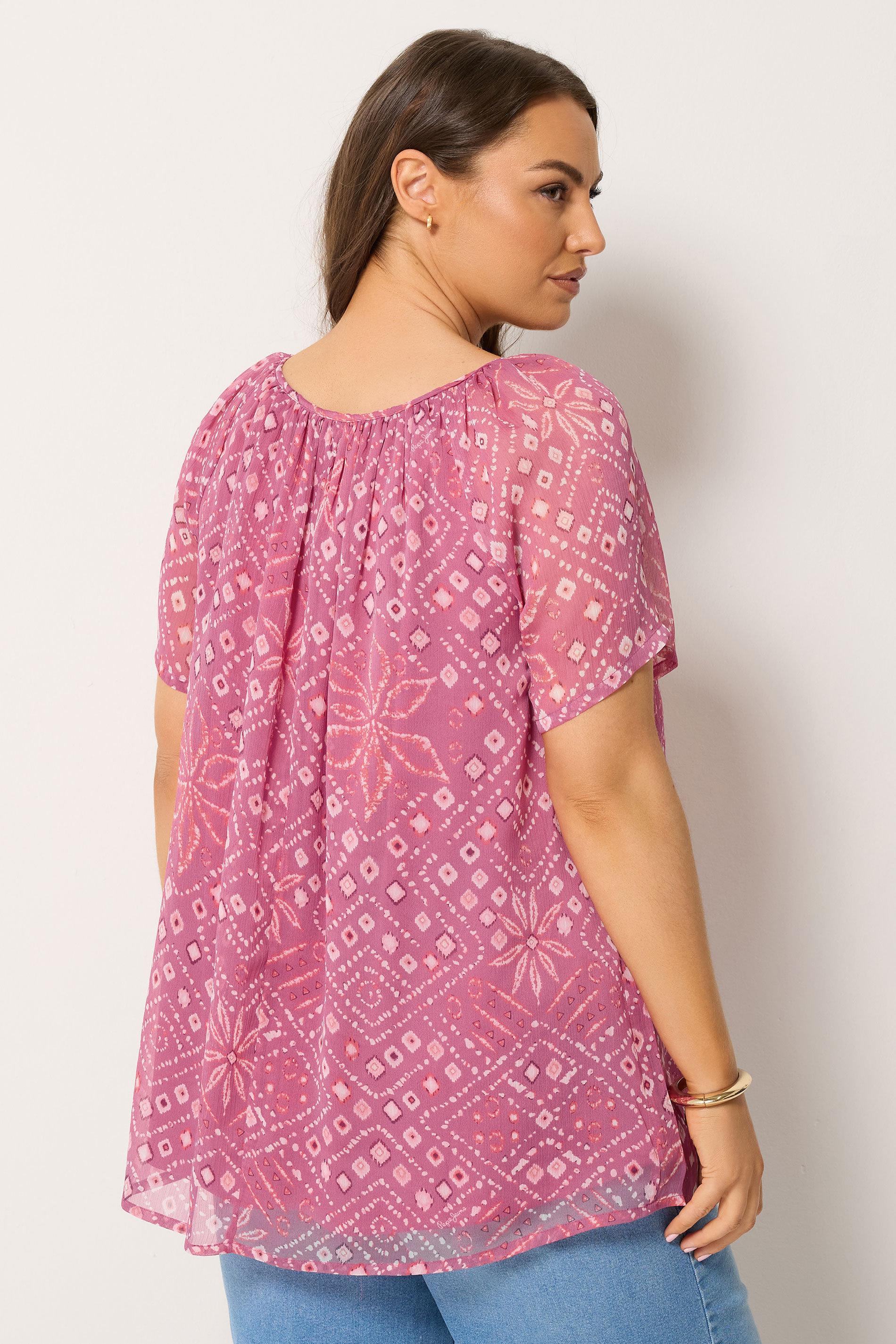 YOURS Curve Pink Geometric Ikat Print Pintuck Blouse | Yours Clothing 2