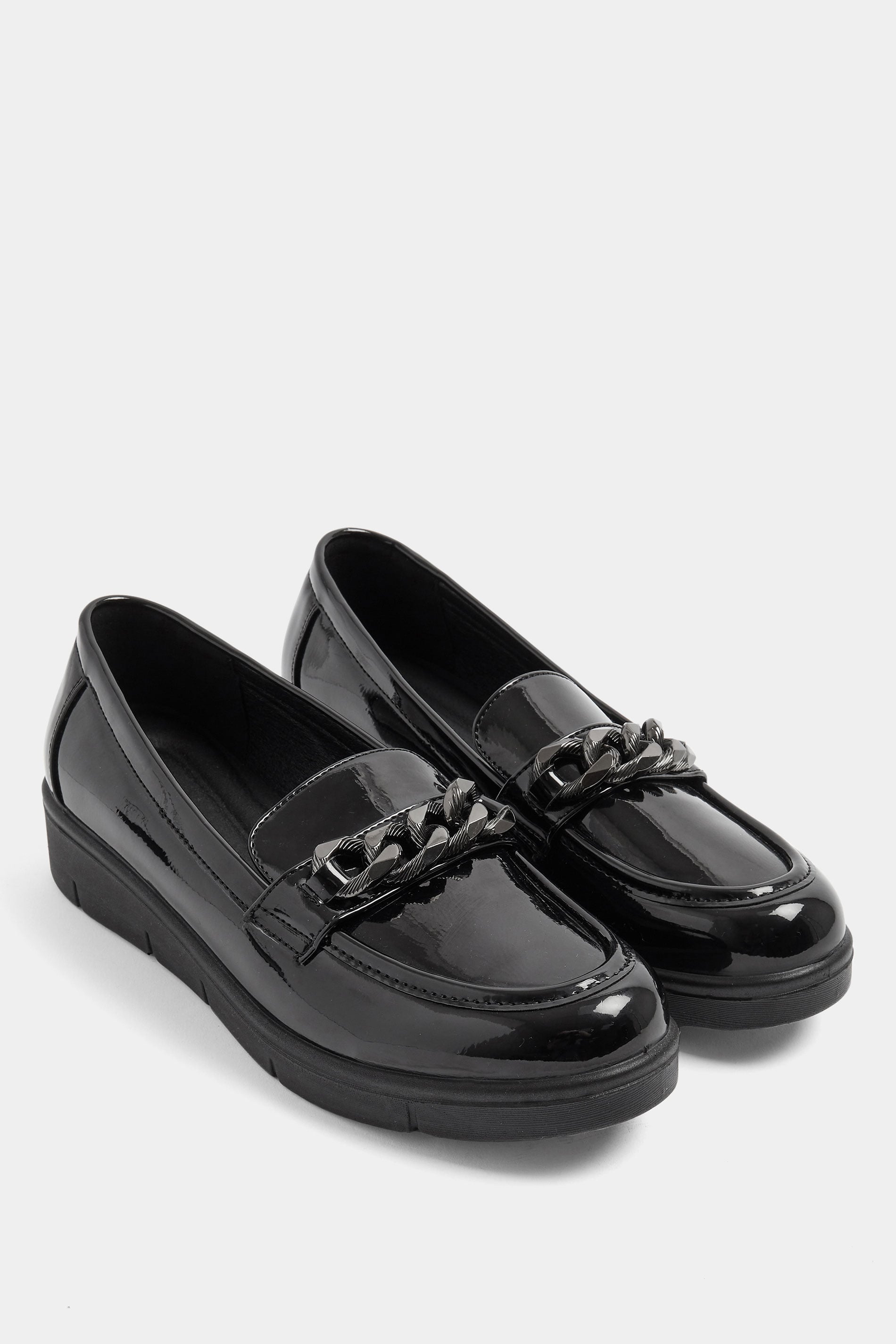 Black Chain Detail Flatform Loafers In Wide E Fit | Yours Clothing 1