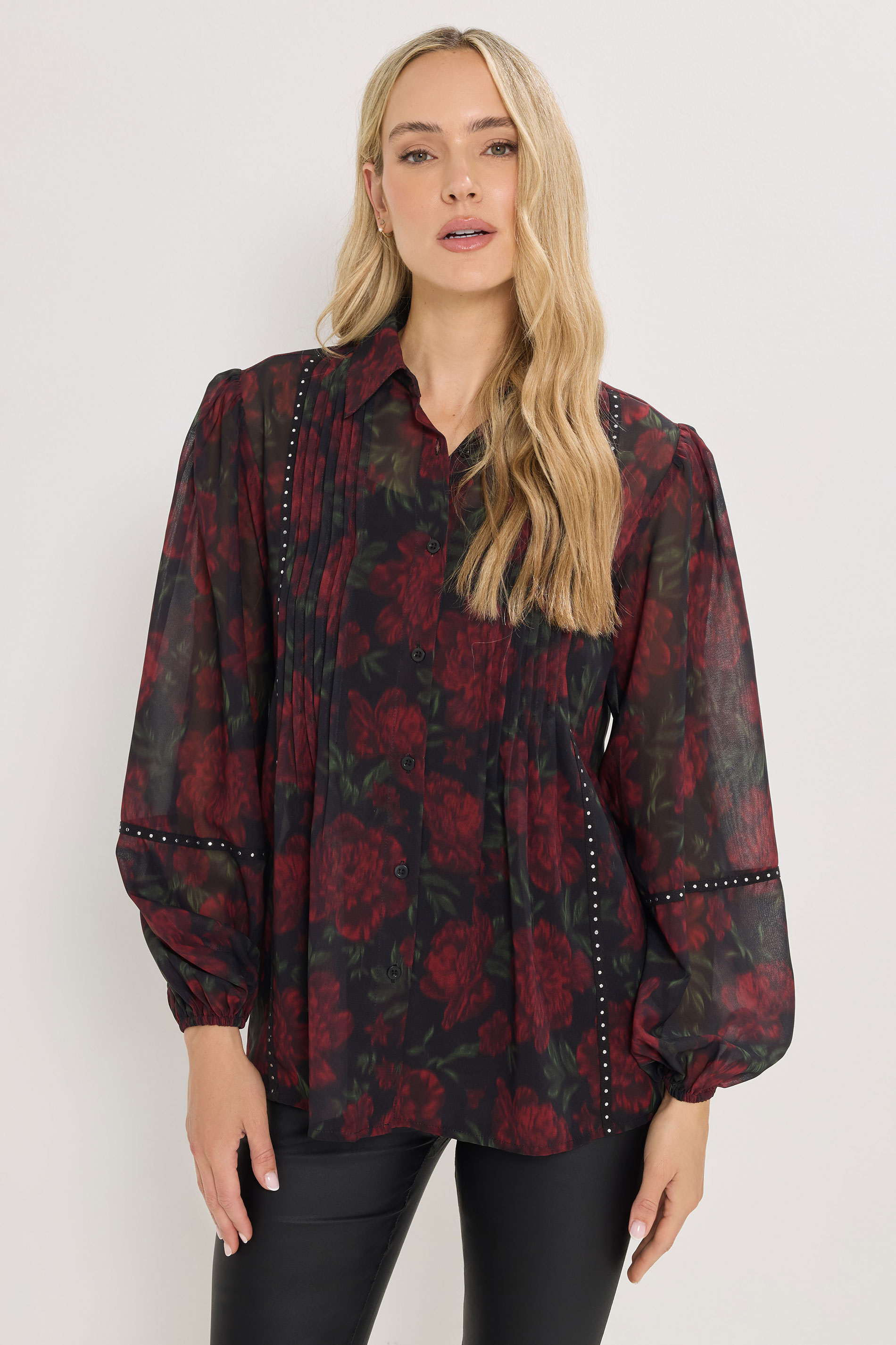 LTS Tall Red Rose Stud Trim Pintuck Shirt | Long Tall Sally 1