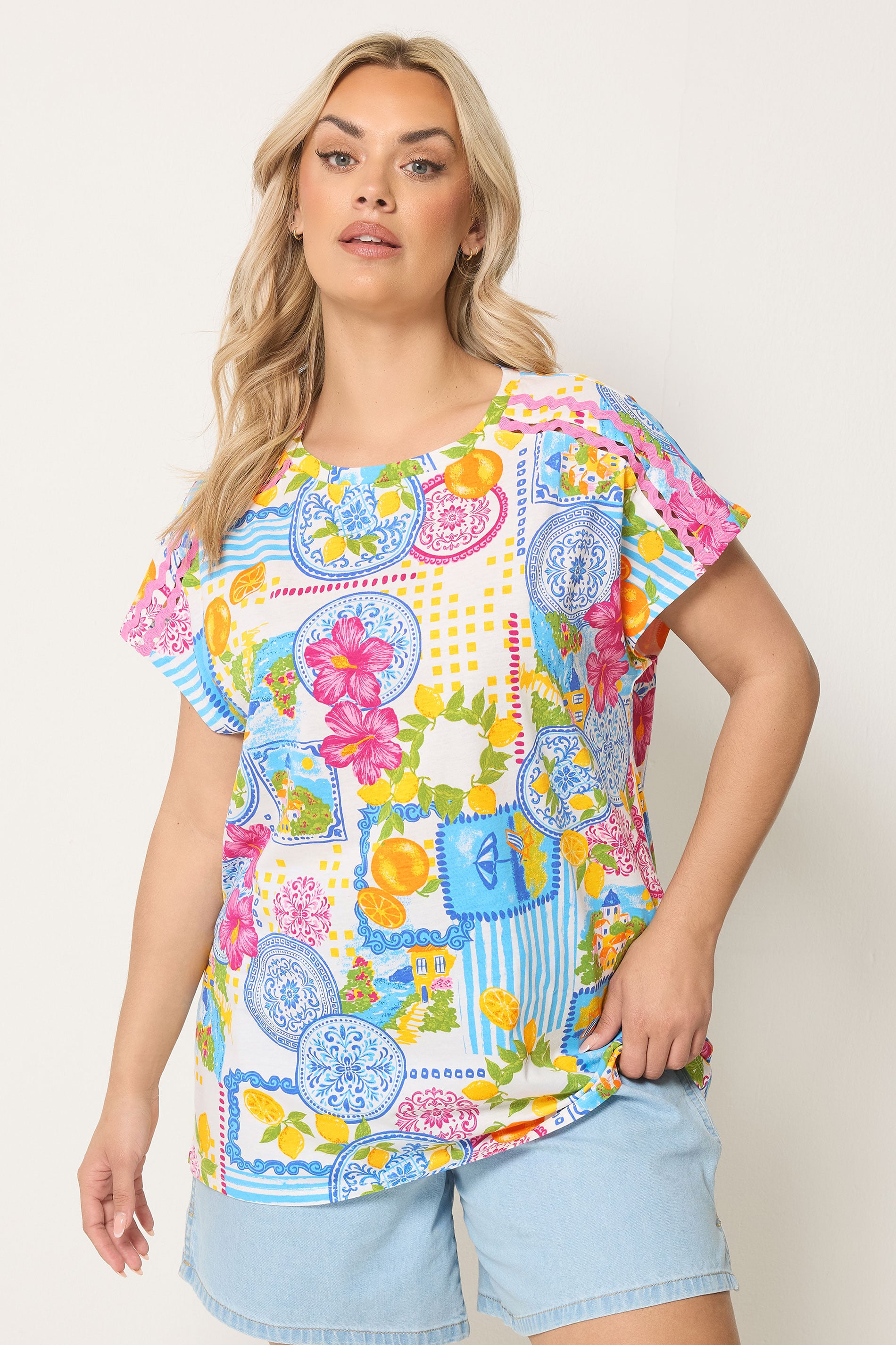 YOURS Plus Size White Tile Print Trim Detail T-Shirt | Yours Clothing 3