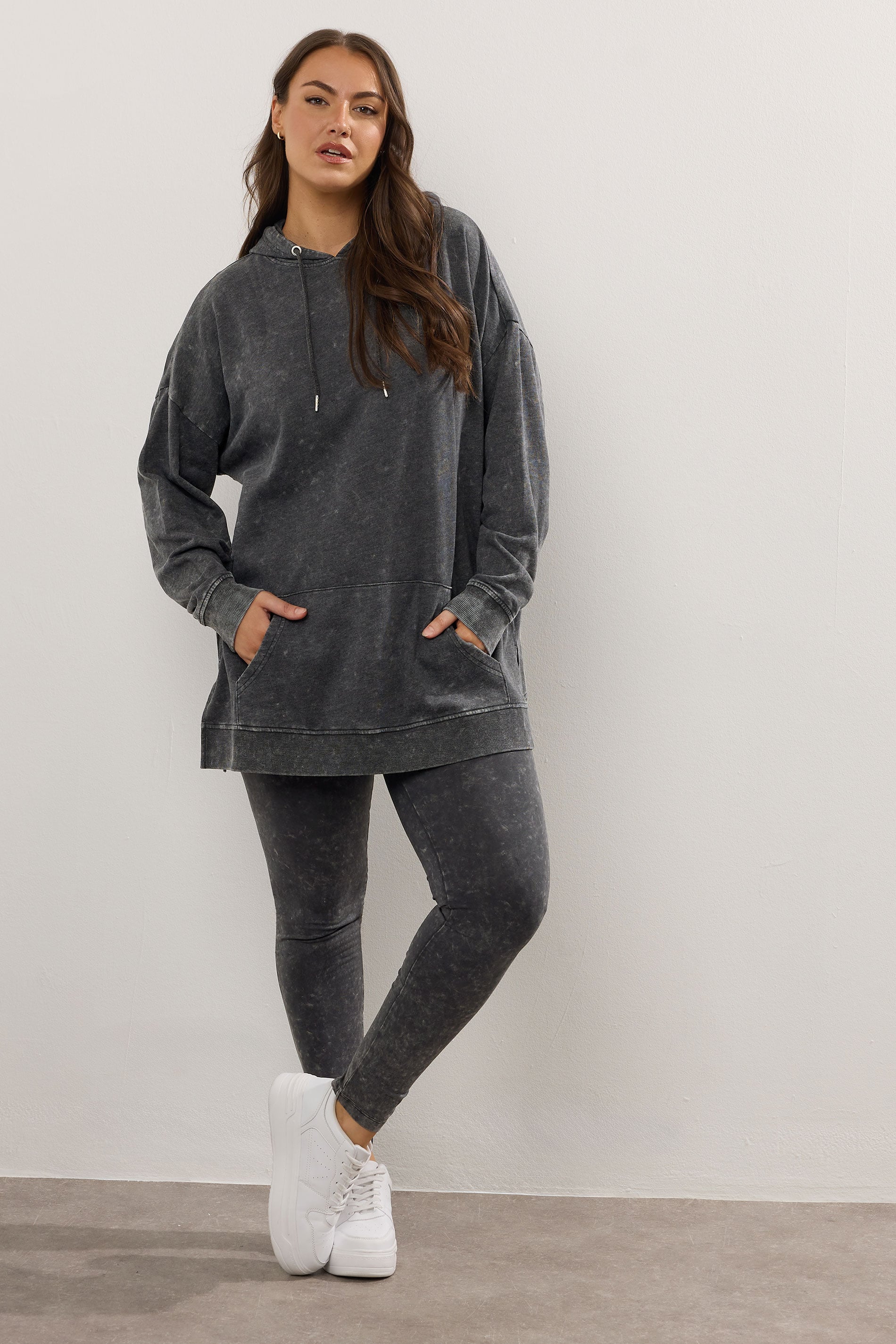YOURS Plus Size Black Acid Wash Longline Hoodie | Yours Clothing 2