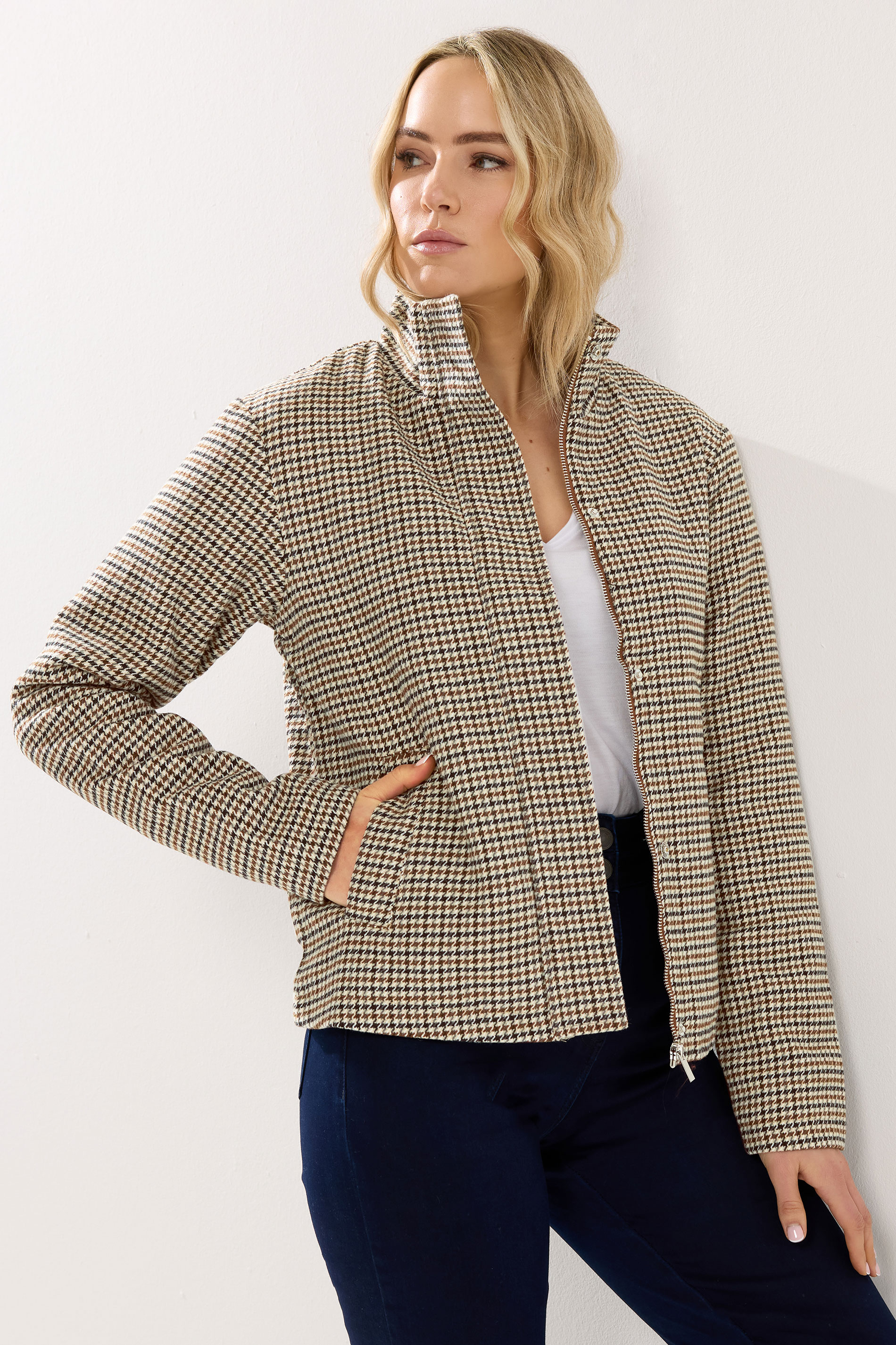 LTS Tall Brown Check Funnel Neck Coat | Long Tall Sally 3