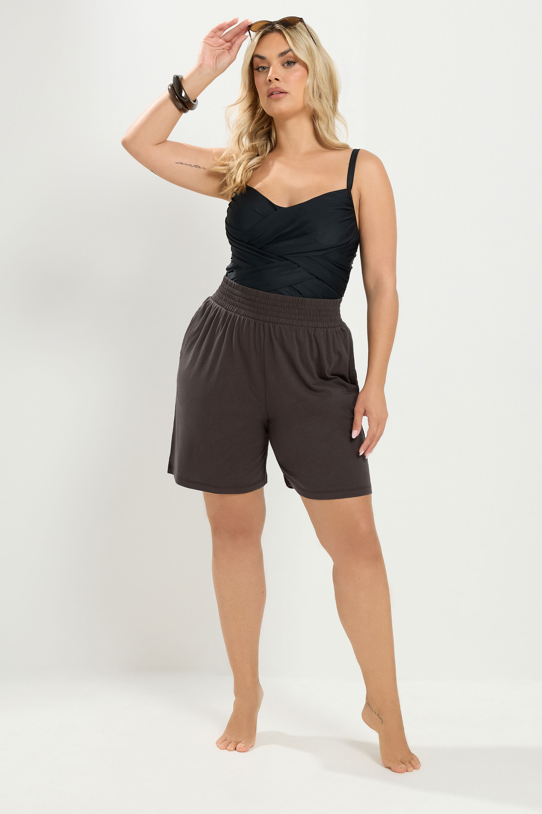 YOURS Plus Size Brown Shirred Waist Shorts | Yours Clothing 2