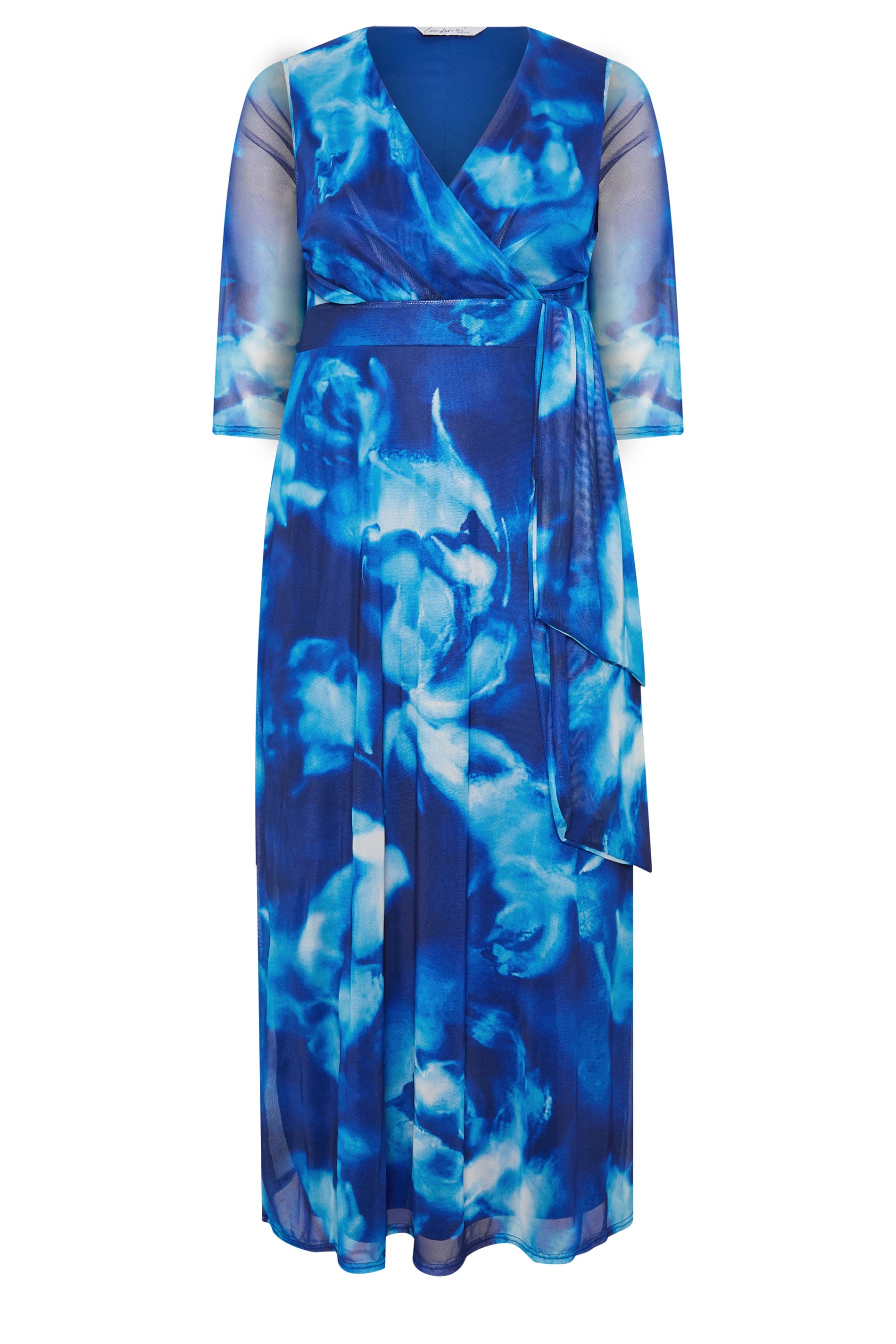 YOURS LONDON Plus Size Blue Abstract Mesh Wrap Dress | Yours Clothing 5