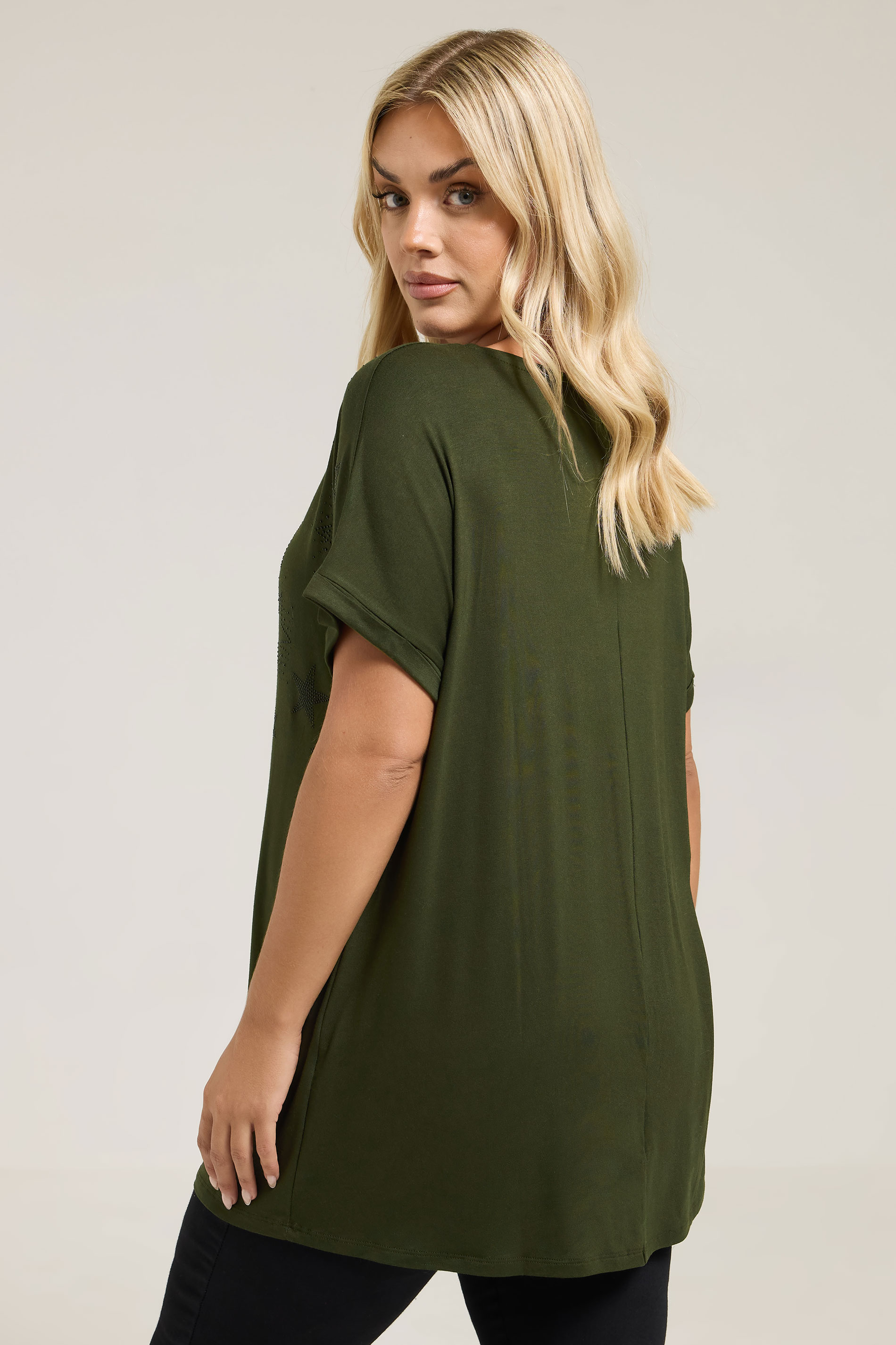 YOURS Plus Size Khaki Green Star Print Grown-On Sleeve T-Shirt | Yours Clothing 2