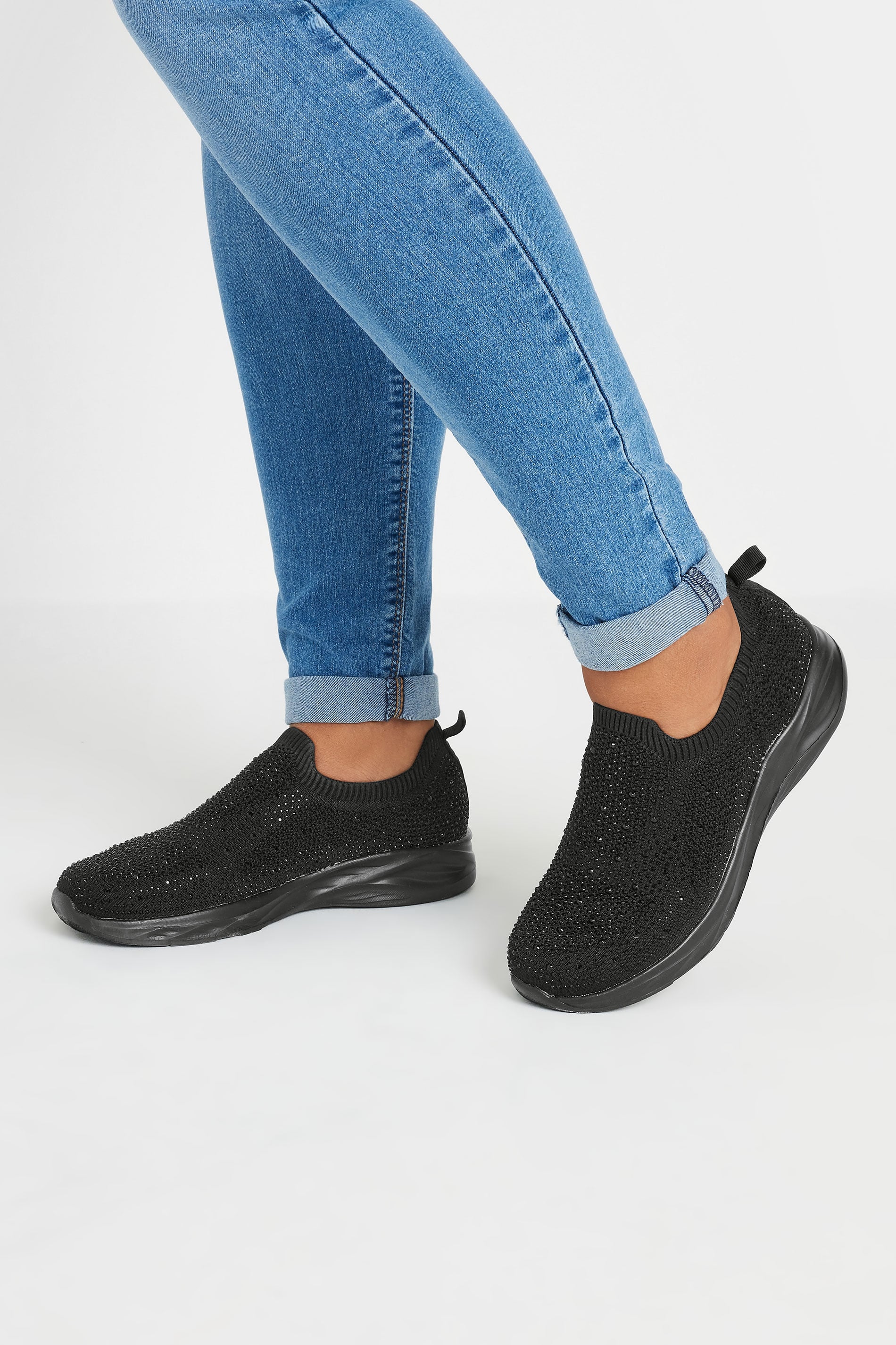 Black Diamante Knitted Slip On Trainers In Extra Wide EEE Fit | Yours Clothing 3