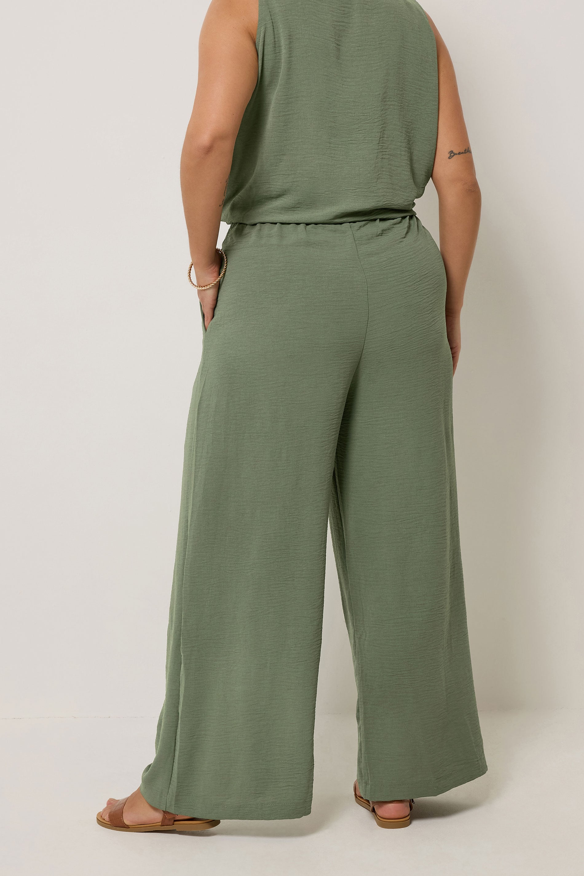 YOURS Plus Size Khaki Green Twill Wide Leg Trousers | Yours Clothing 2