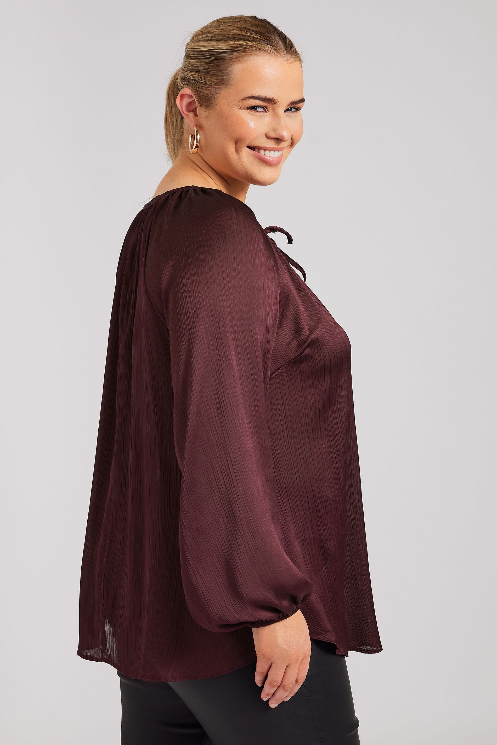 YOURS Plus Size Burgundy Red Tie Neck Blouse | Yours Clothing  4