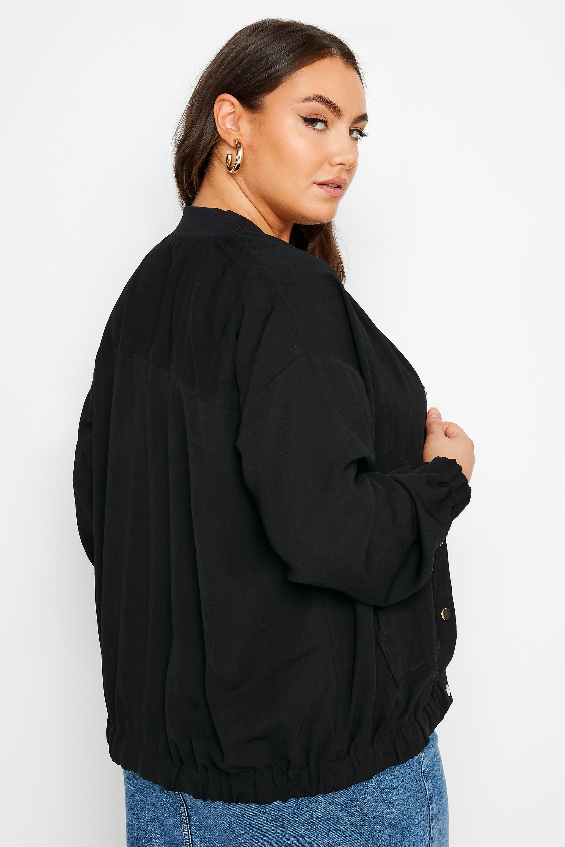 YOURS Plus Size Black Button Up Bomber Jacket | Yours Clothing 3