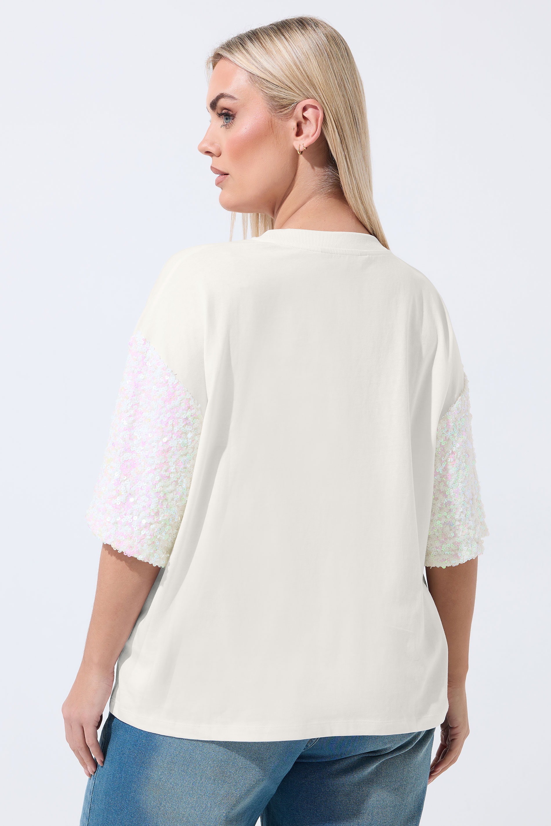 LIMITED COLLECTION Plus Size White Sequin Sleeve T-Shirt | Yours Clothing 2