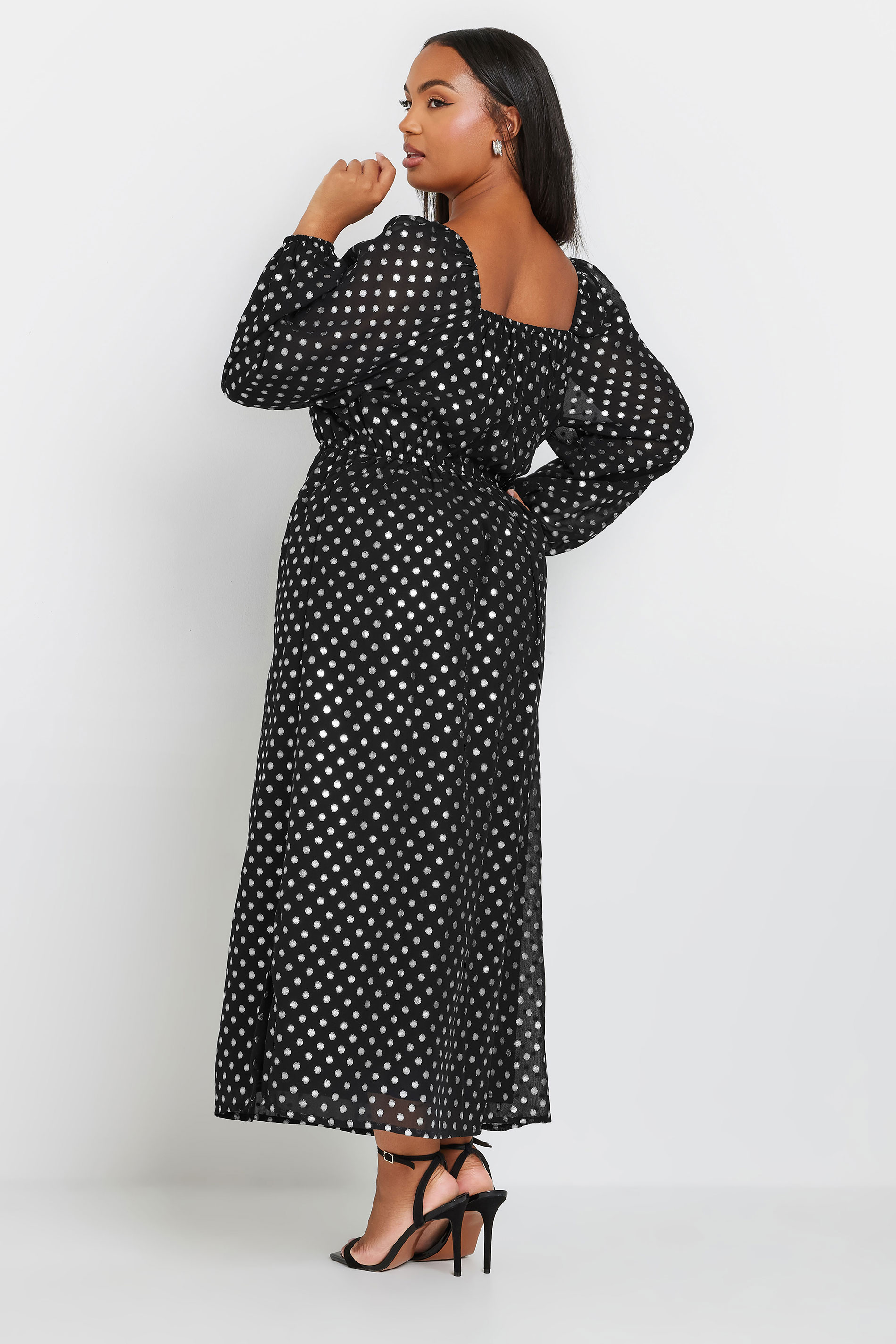 YOURS Plus Size Black Silver Polka Dot Chiffon Maxi Dress | Yours Clothing  2