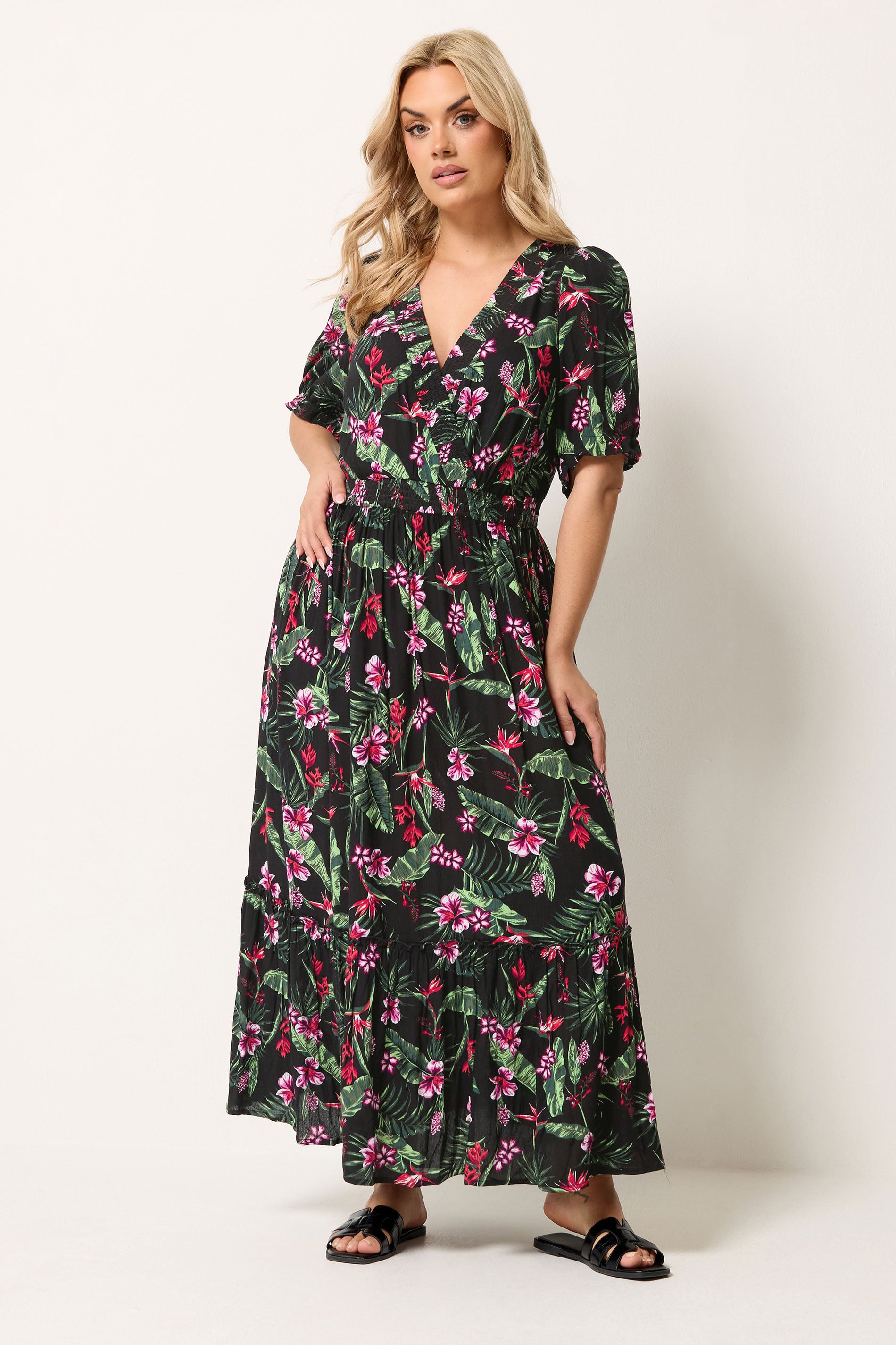 YOURS Plus Size Black Tropical Shirred Neck Maxi Dress | Yours Clothing 1