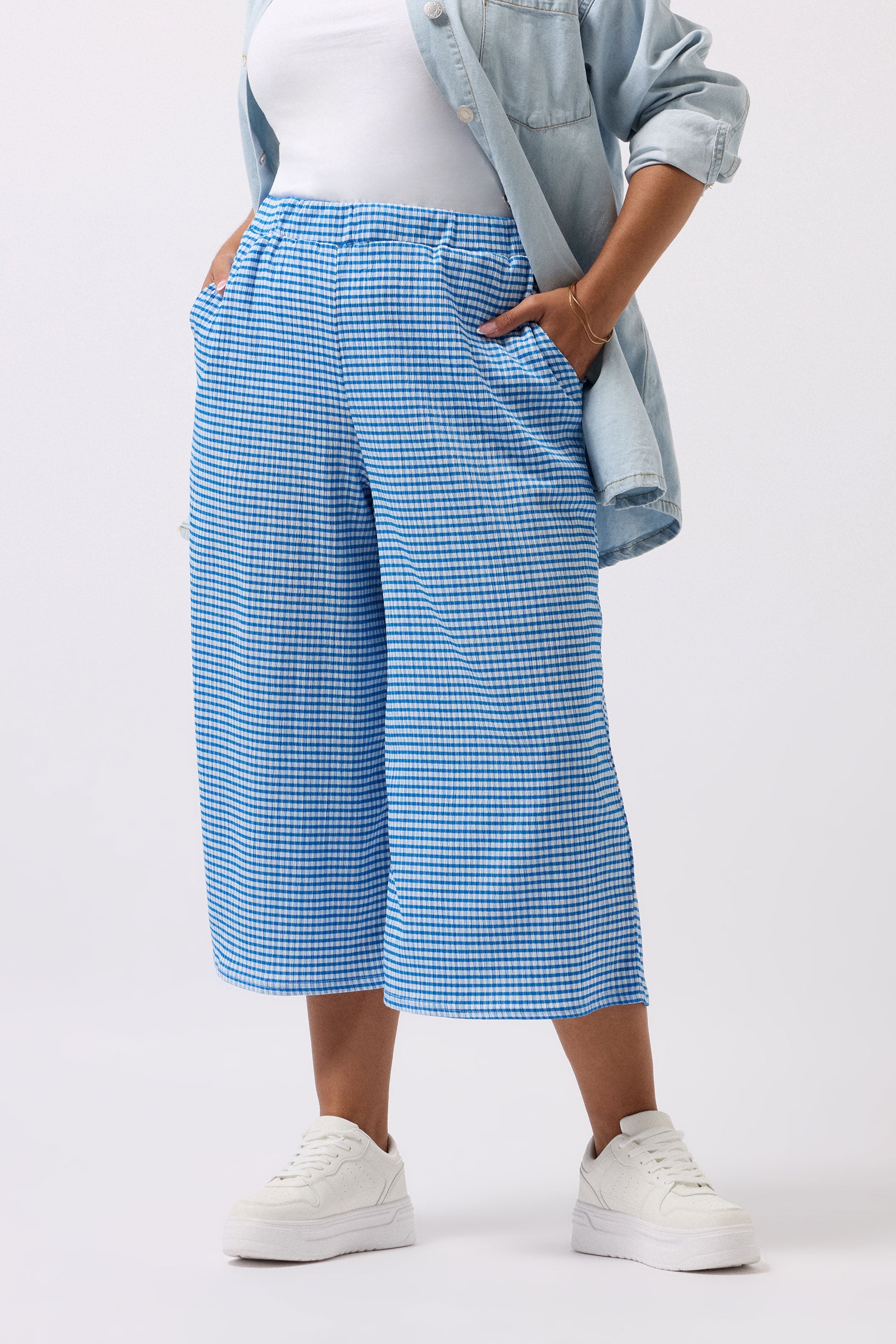 YOURS Plus Size Blue Gingham Textured Midaxi Culottes | Yours Clothing 3